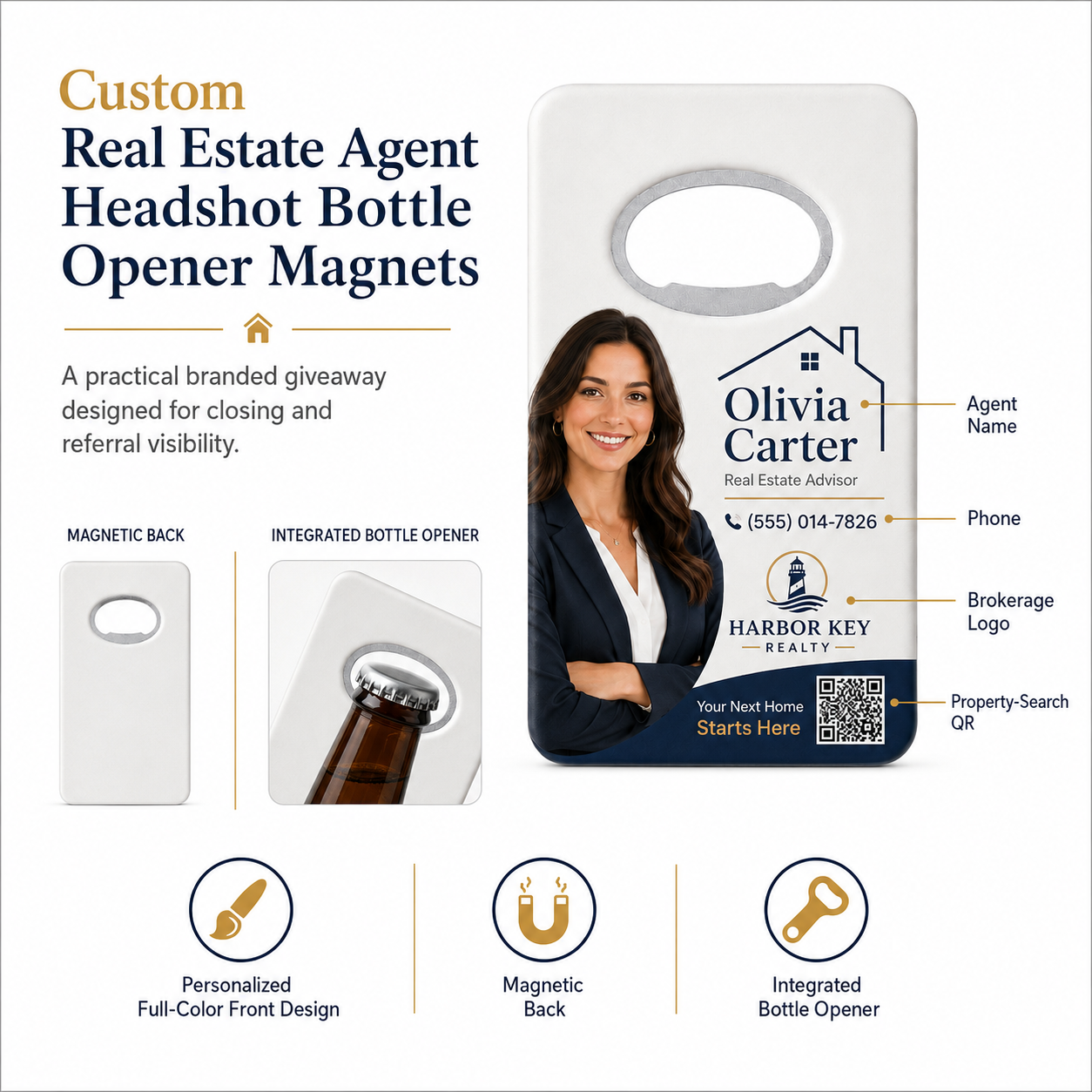 Custom Real Estate Agent Headshot Bottle Opener Magnets