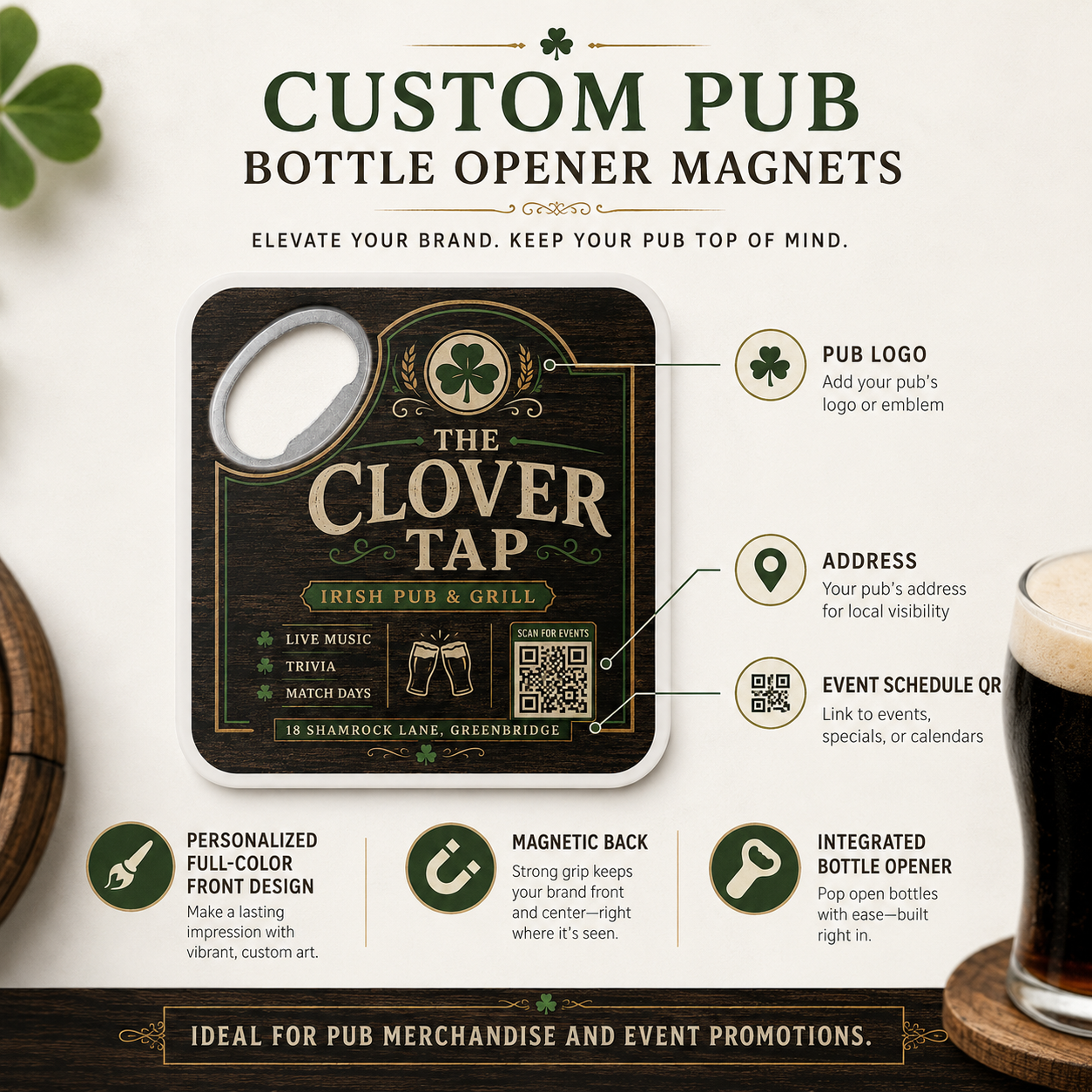Custom Irish Pub Logo Bottle Opener Magnets