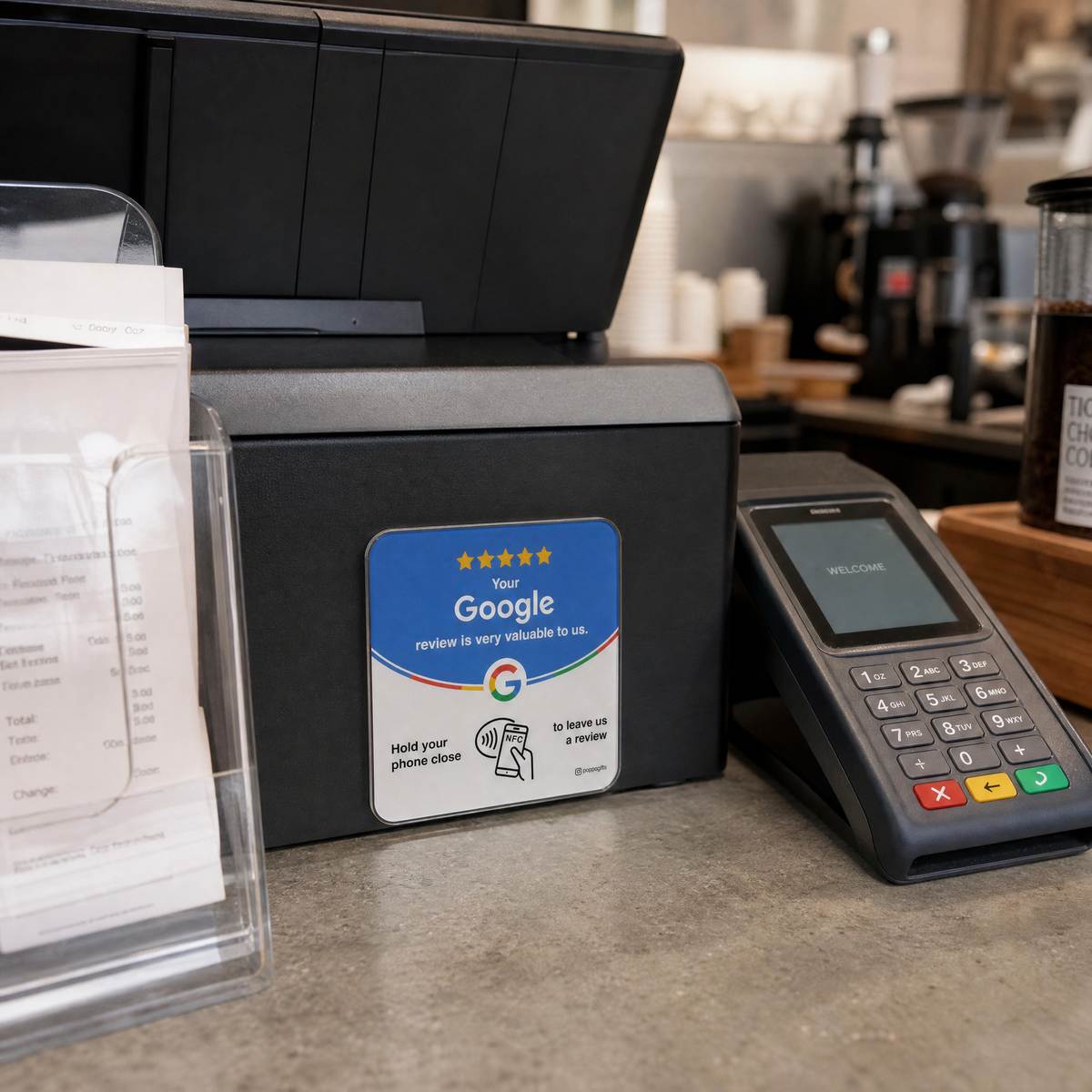 Google Review NFC card displayed beside a payment terminal at a checkout counter