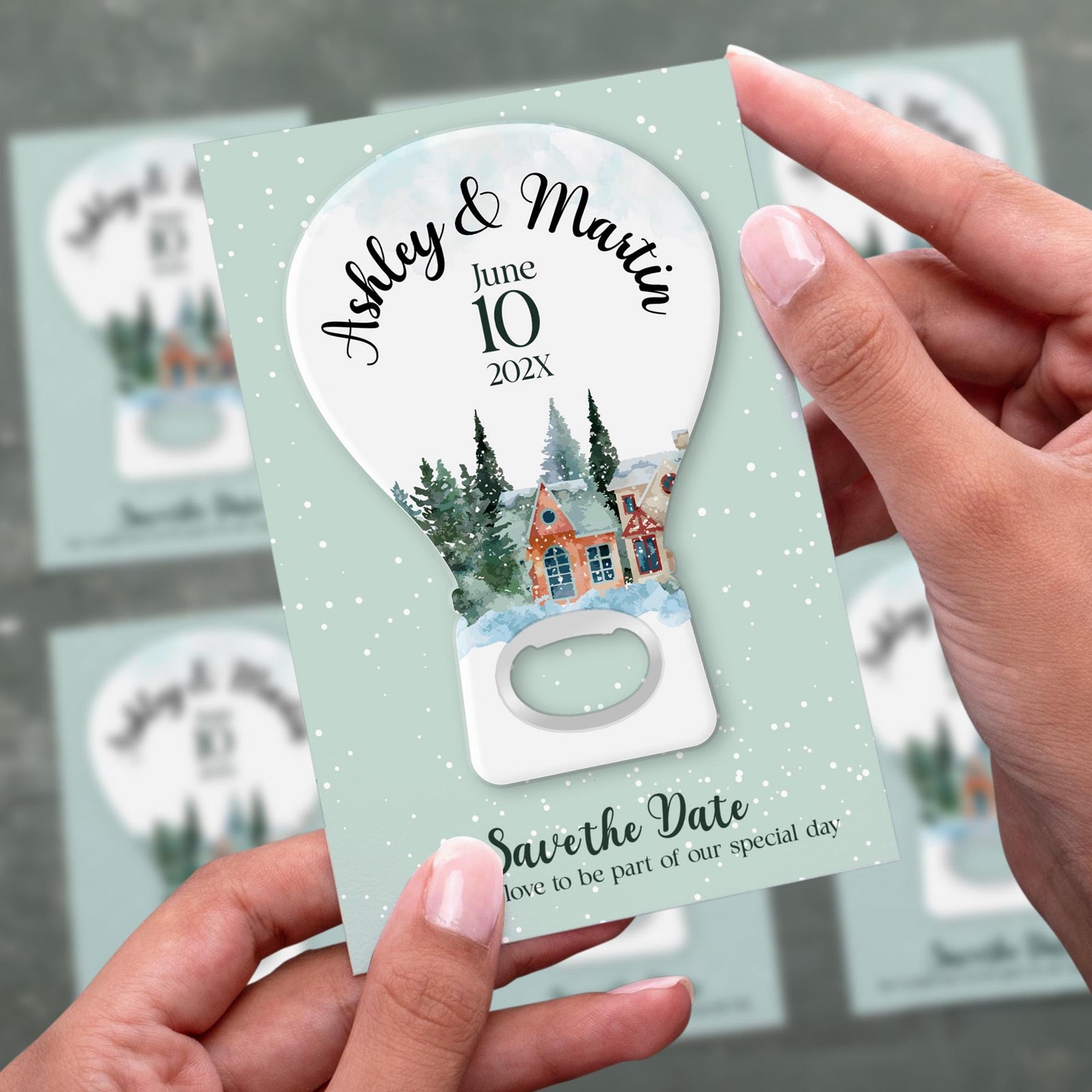 Winter Snow Globe Save the Date Bottle Opener Magnets - Product Image 2