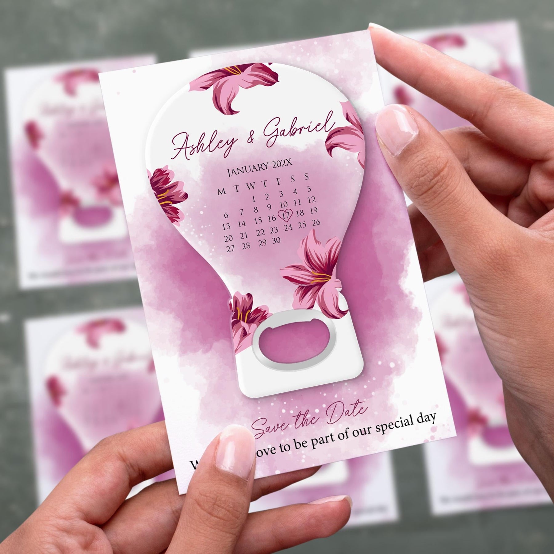 Pink Floral Calendar Save the Date Bottle Opener Magnets - Product Image 2