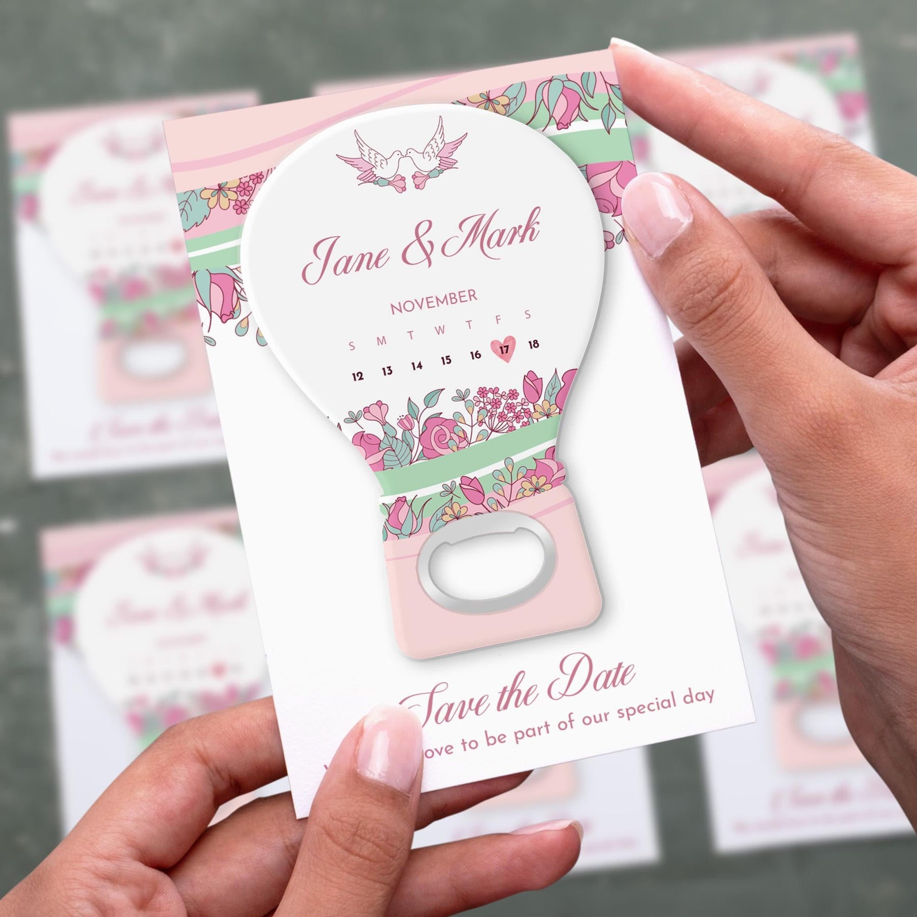 Pink Floral Hot Air Balloon Save the Date Bottle Opener Magnets - Product Image 2