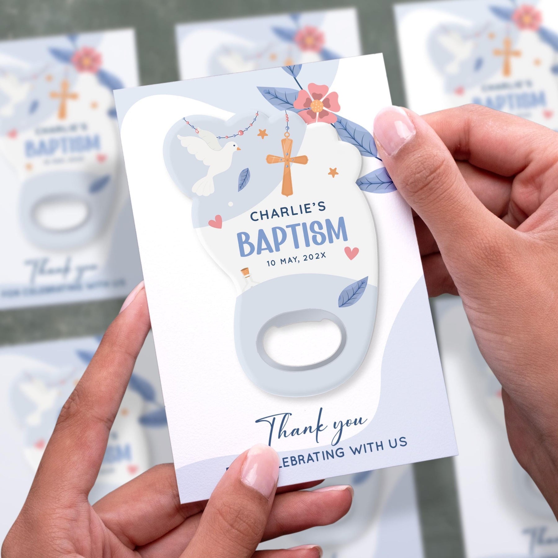 Blue Floral Cross Magnetic Baptism Bottle Opener Favors - Product Image 2