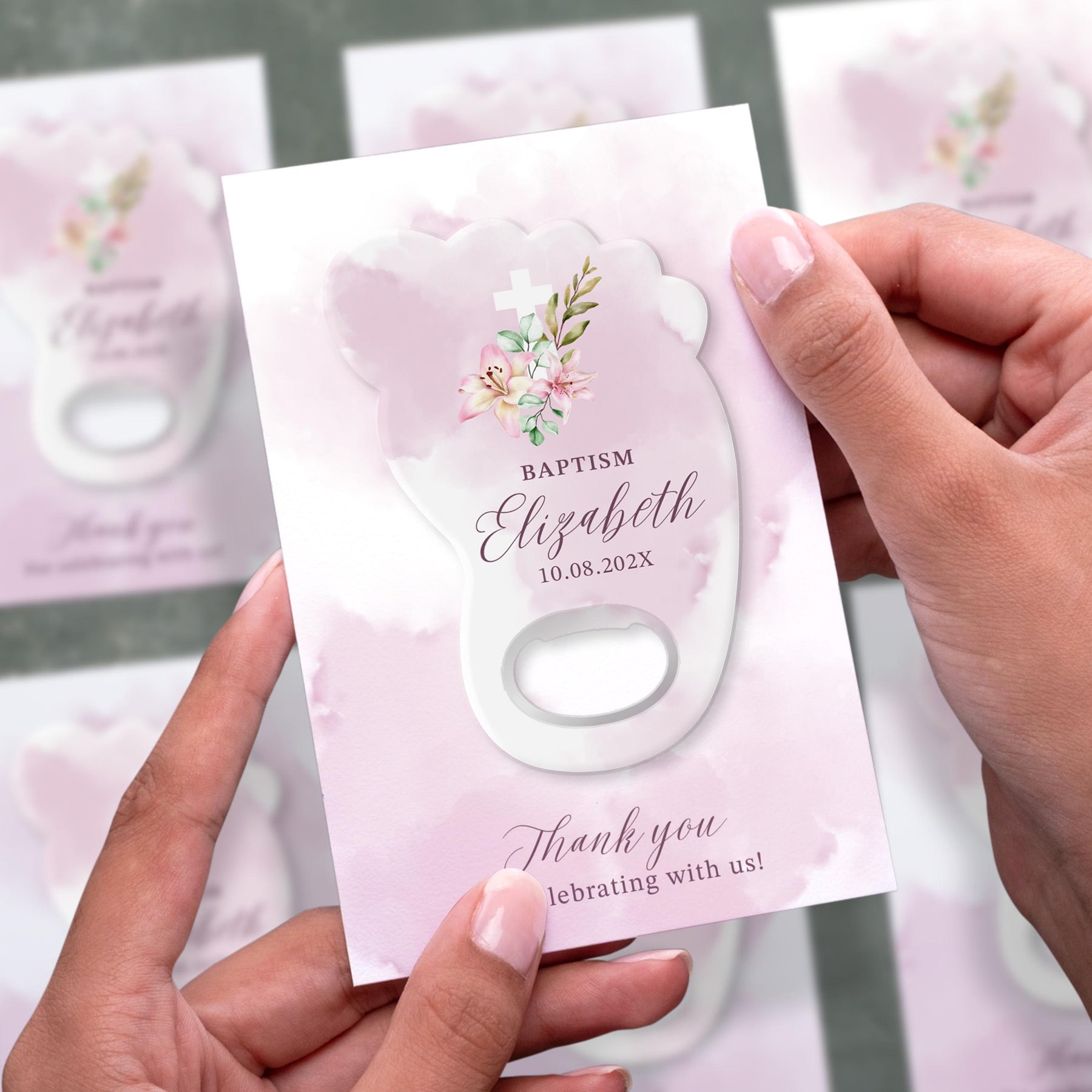 Pink Floral Angel Baptism Bottle Opener Favors - Product Image 2