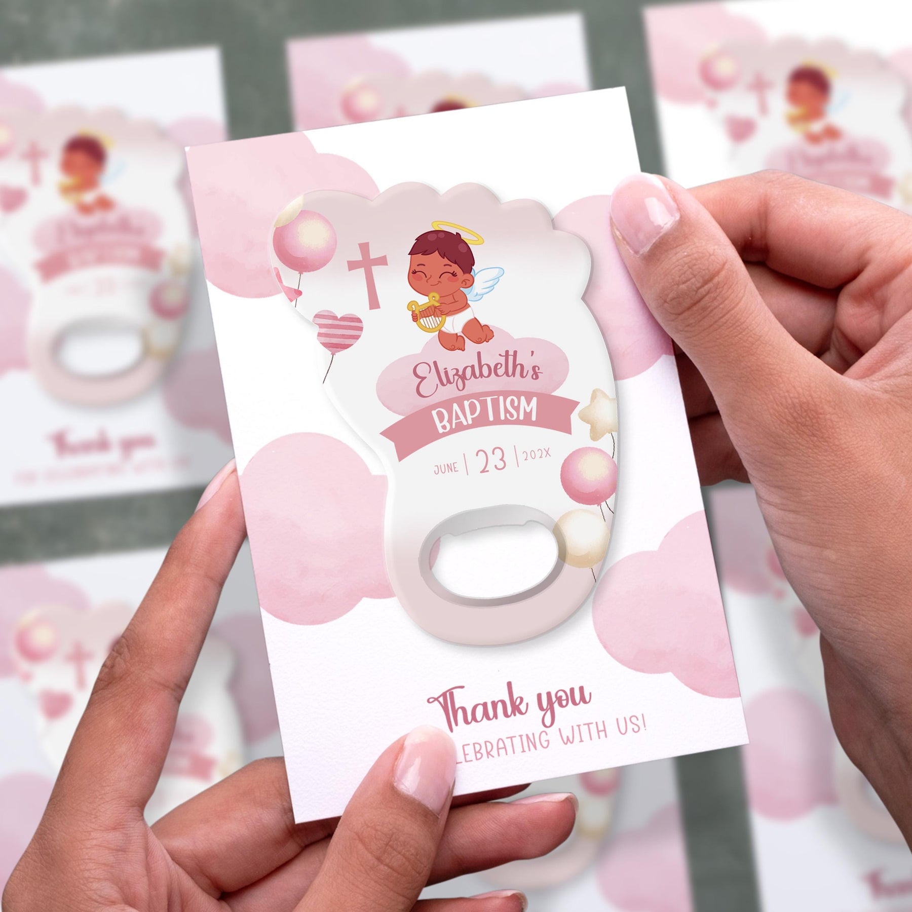 Pink Angel Footprint Baptism Bottle Opener Favors - Product Image 2