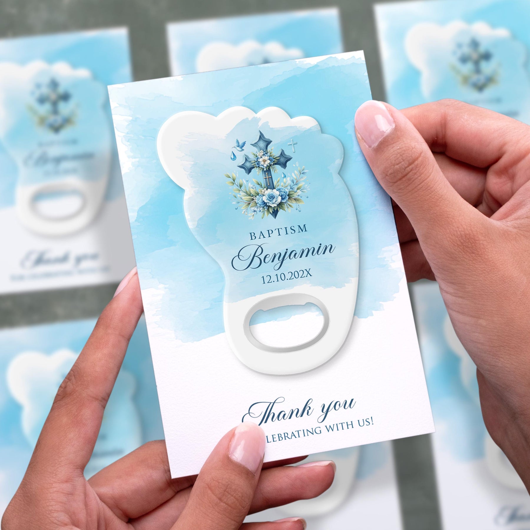 Blue Floral Cross Baptism Bottle Opener Favors - Product Image 2