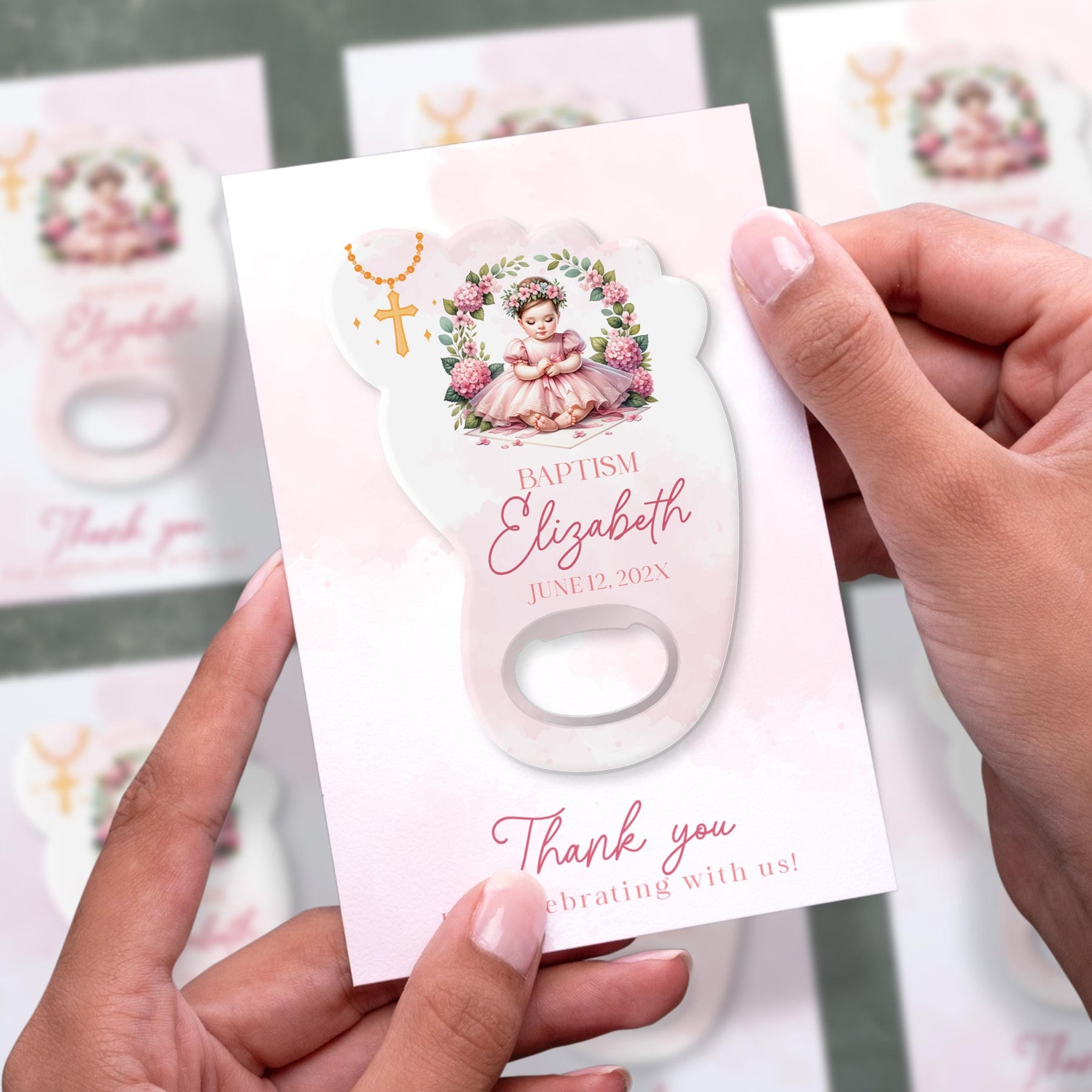 Pink Floral Cross Footprint Baptism Bottle Opener Favors - Product Image 2