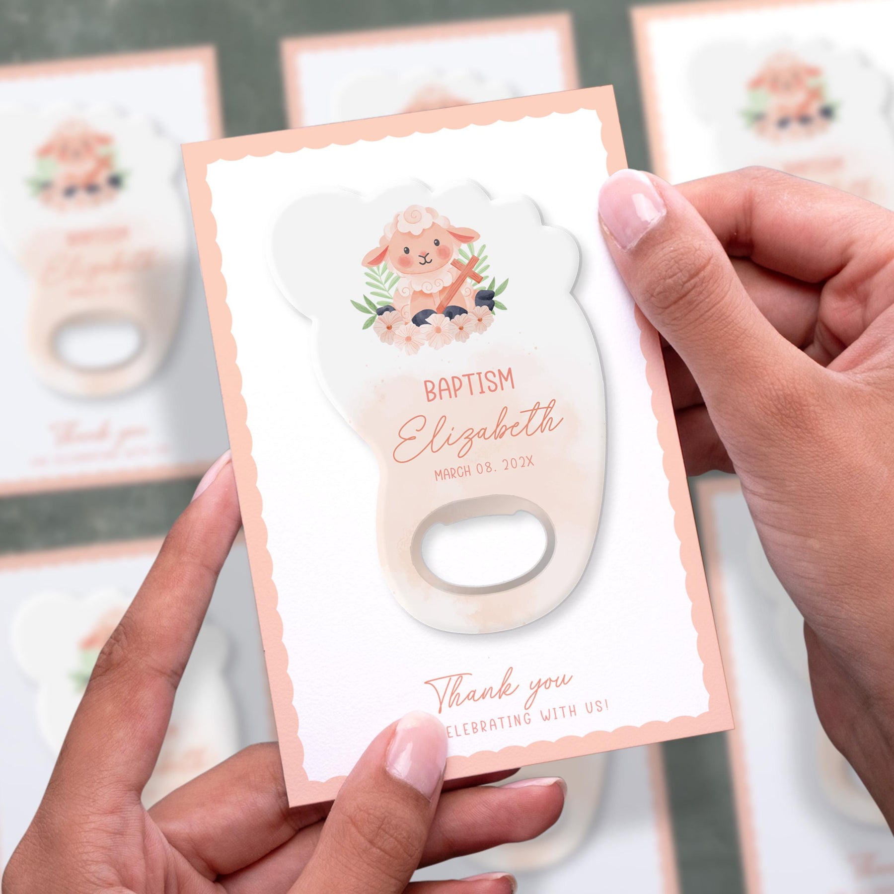 Pink Lamb Baptism Bottle Opener Favors - Product Image 2