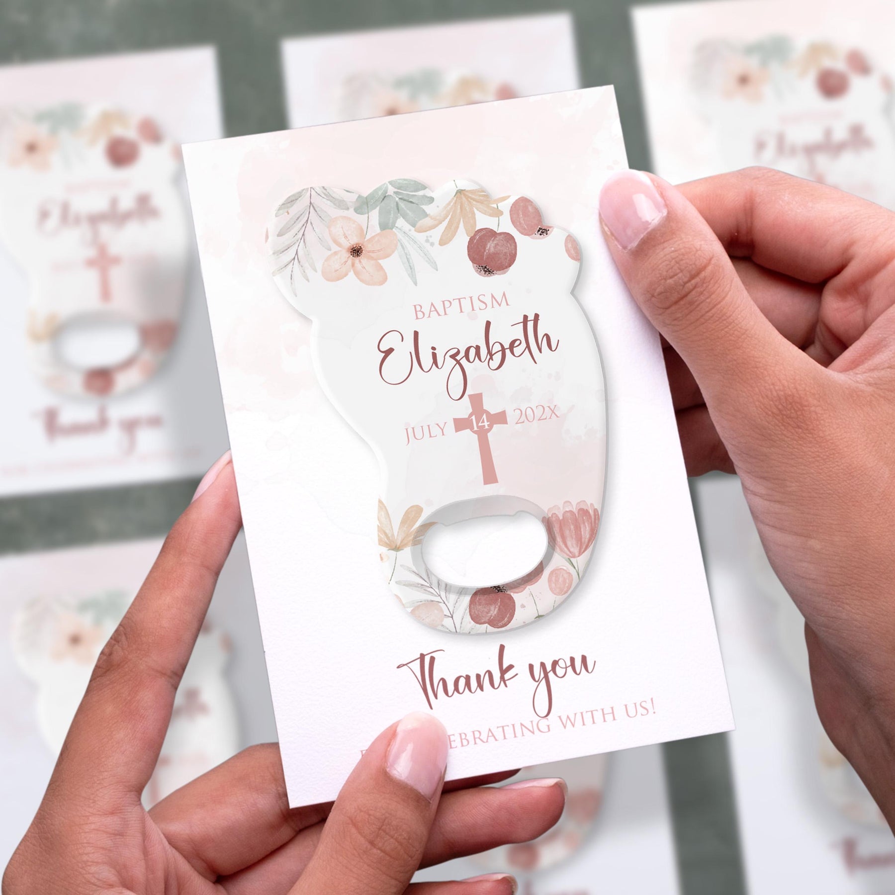 Peach Floral Cross Footprint Baptism Bottle Opener Favors - Product Image 2