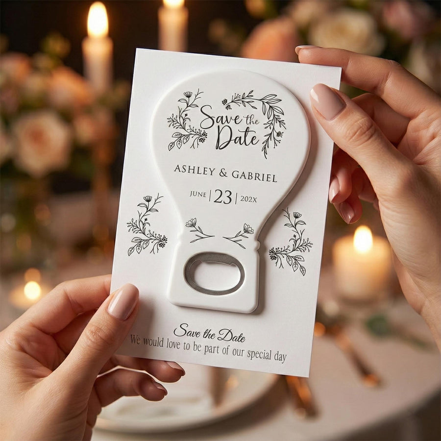 Botanical Light Bulb Save the Date Bottle Opener Magnets