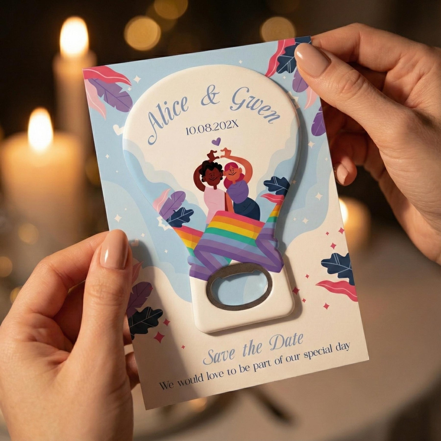 Rainbow Hot Air Balloon Save the Date Bottle Opener Magnets