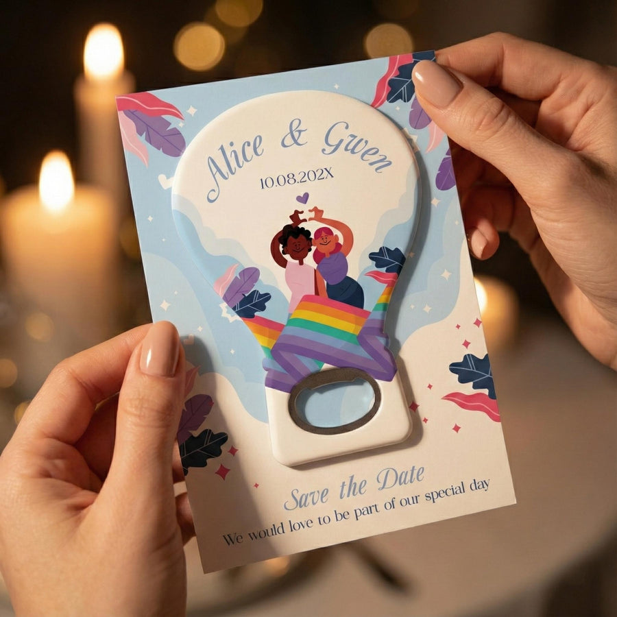 Rainbow Hot Air Balloon Save the Date Bottle Opener Magnets