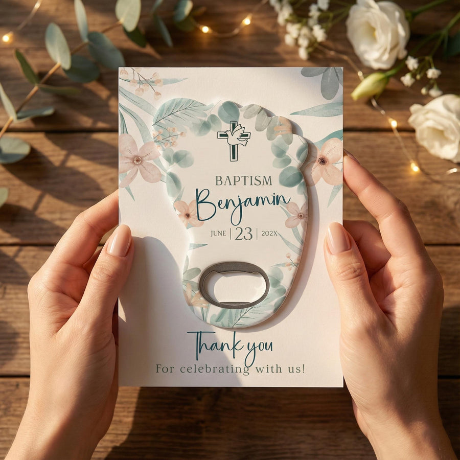 Greenery Footprint Baptism Bottle Opener Favors