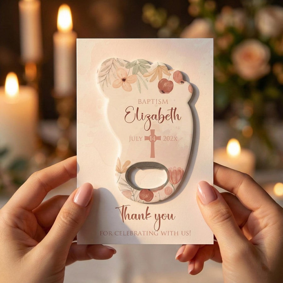 Peach Floral Cross Footprint Baptism Bottle Opener Favors
