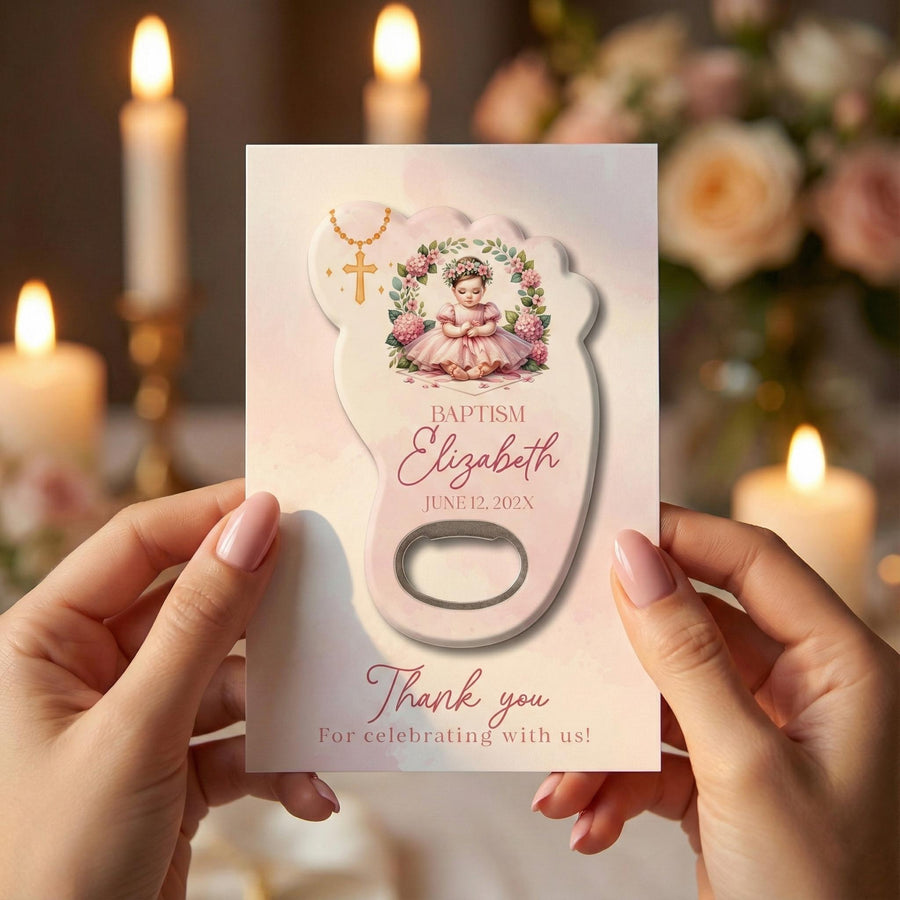 Pink Floral Cross Footprint Baptism Bottle Opener Favors
