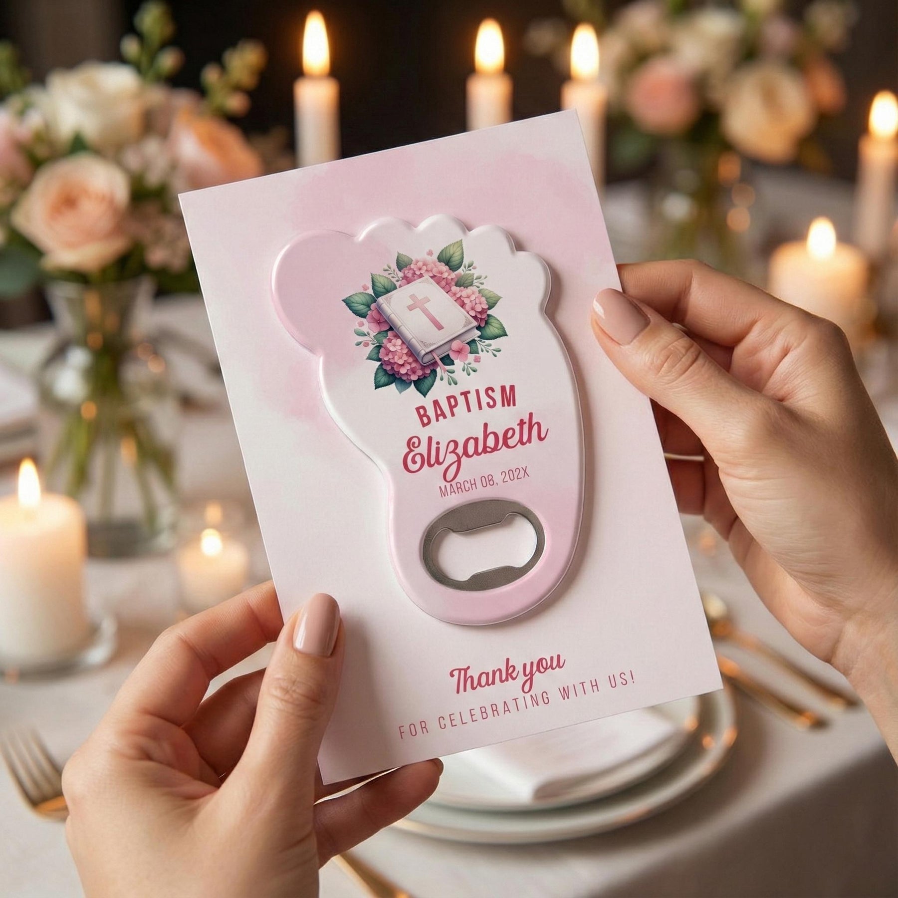 Pink Bible Footprint Baptism Bottle Opener Favors