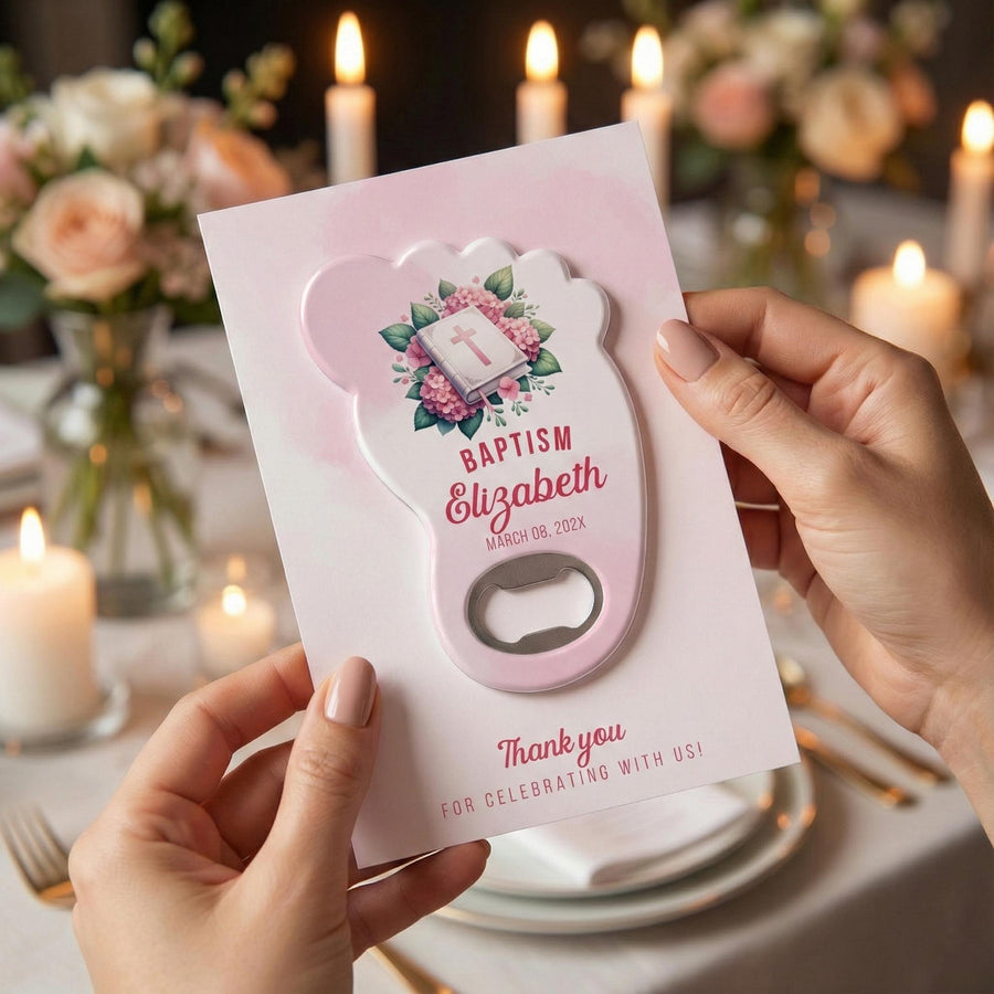 Pink Bible Footprint Baptism Bottle Opener Favors