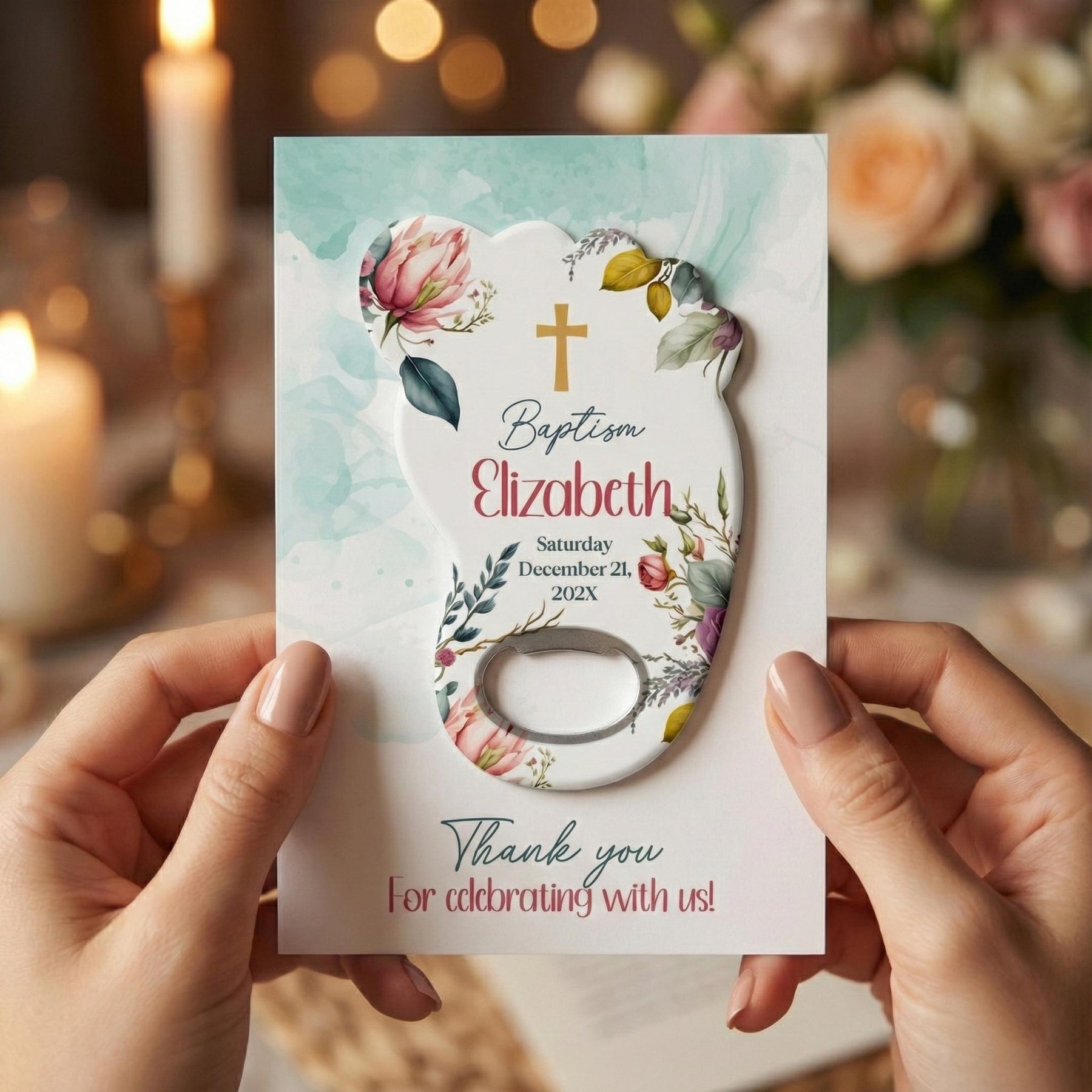 Watercolor Floral Cross Baptism Bottle Opener Favors