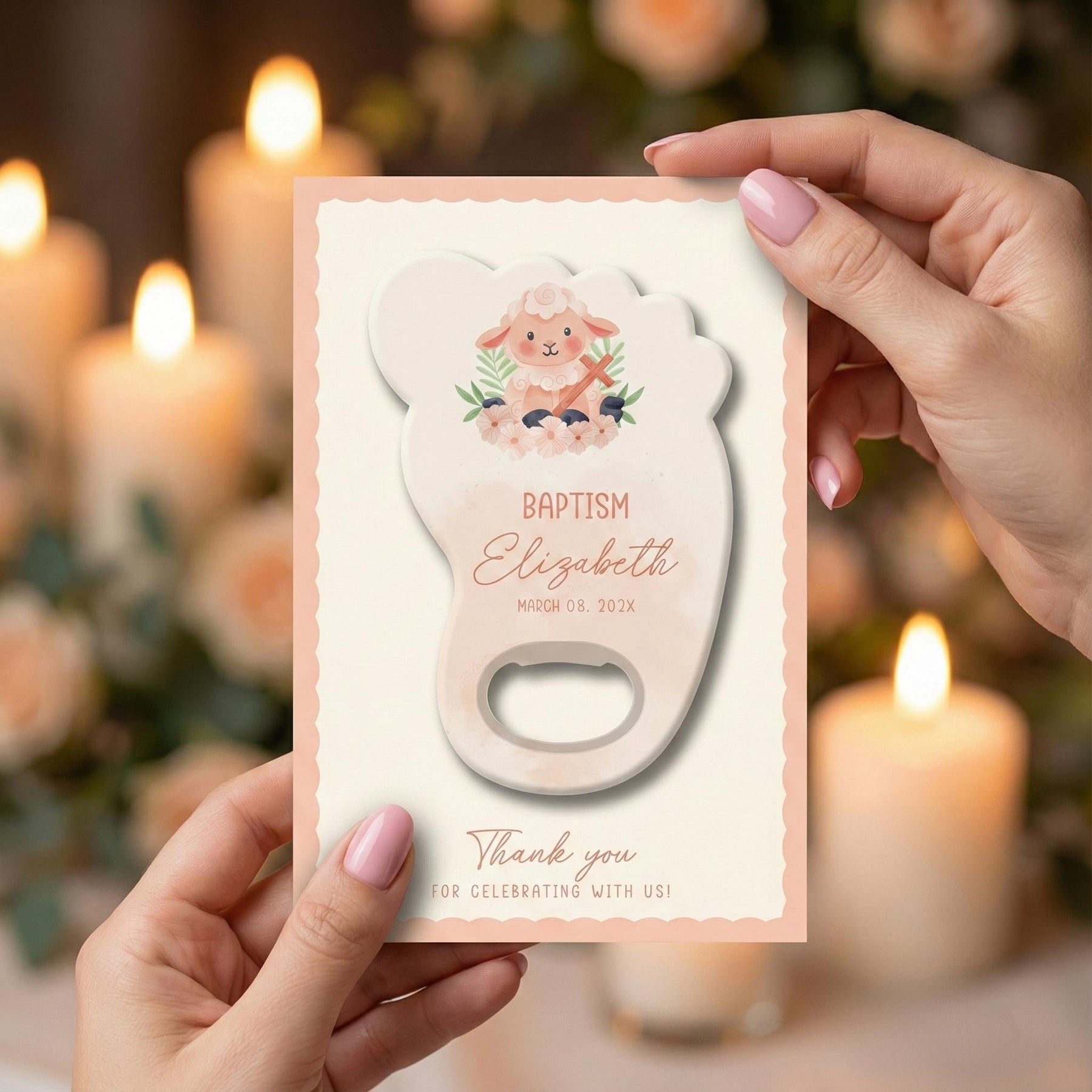 Pink Lamb Baptism Bottle Opener Favors
