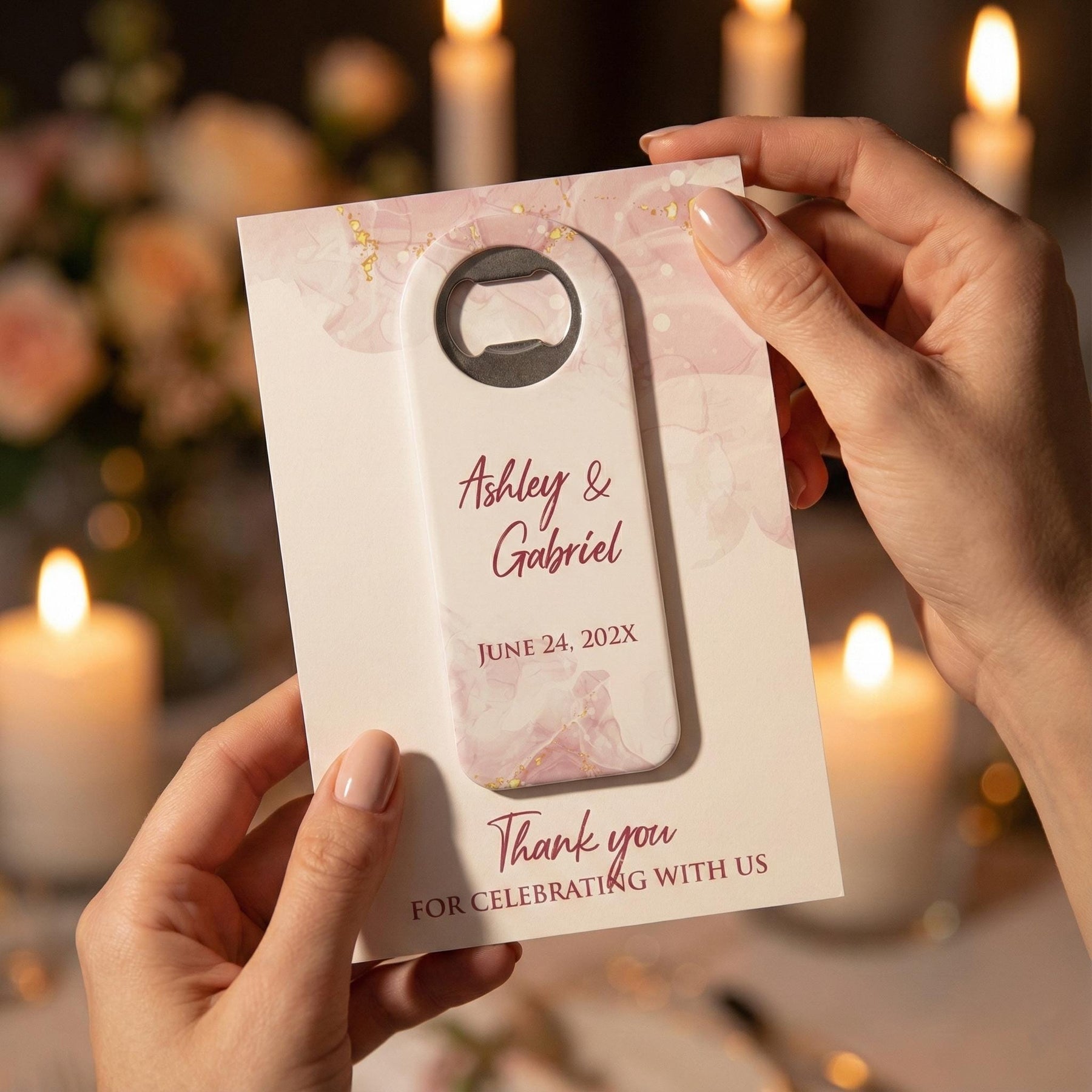 Pink Marble Floral Bottle Opener Wedding Favors