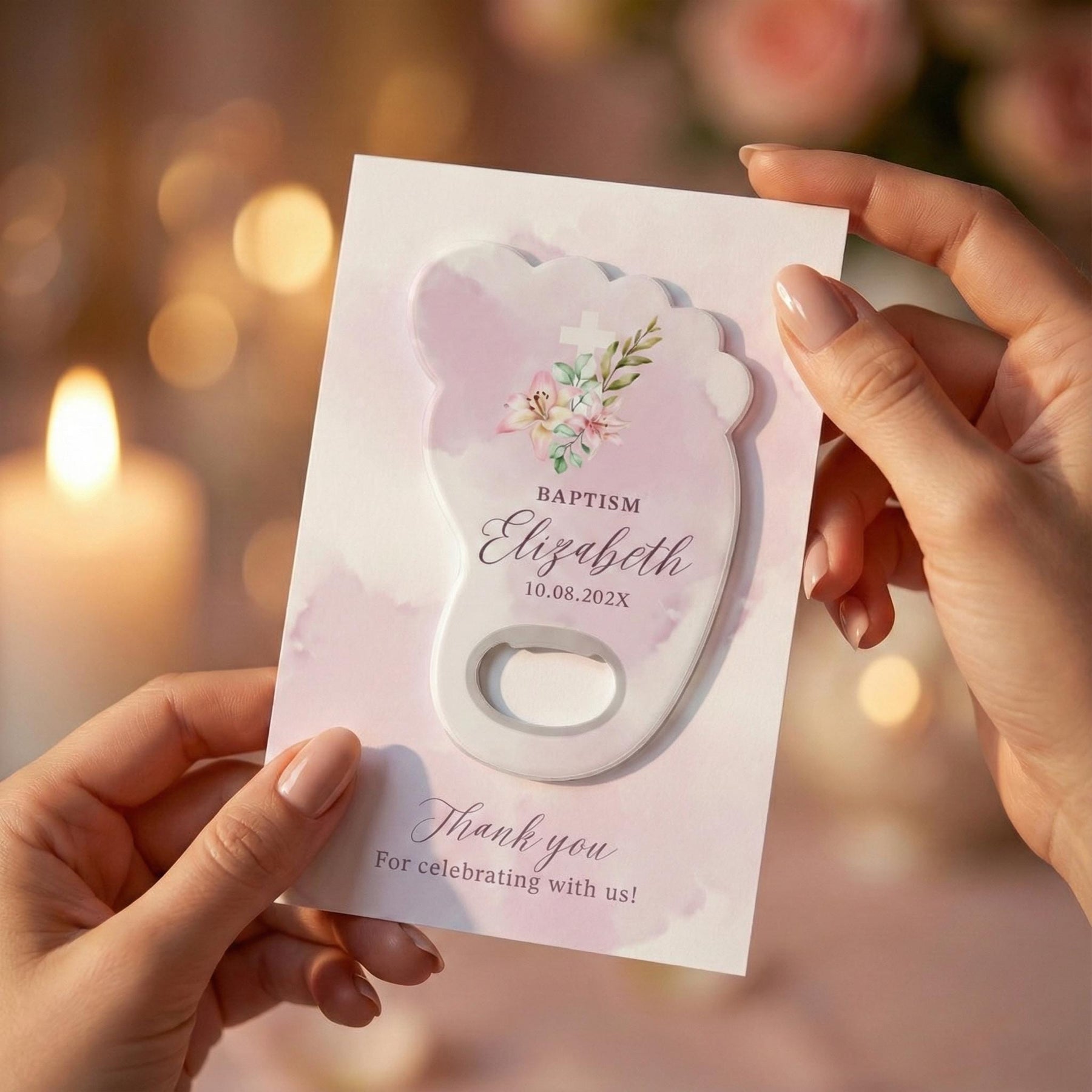 Pink Floral Angel Baptism Bottle Opener Favors