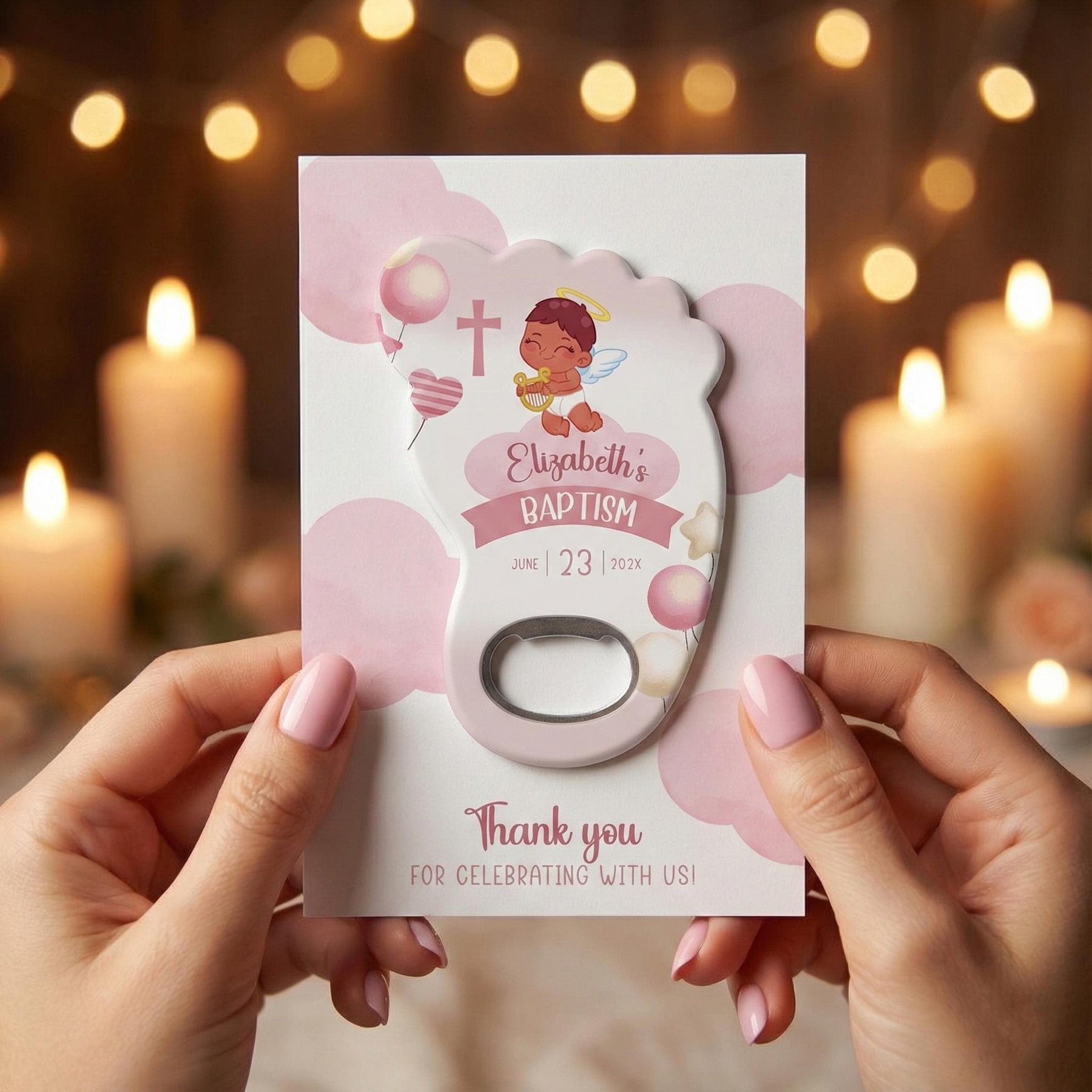 Pink Angel Footprint Baptism Bottle Opener Favors