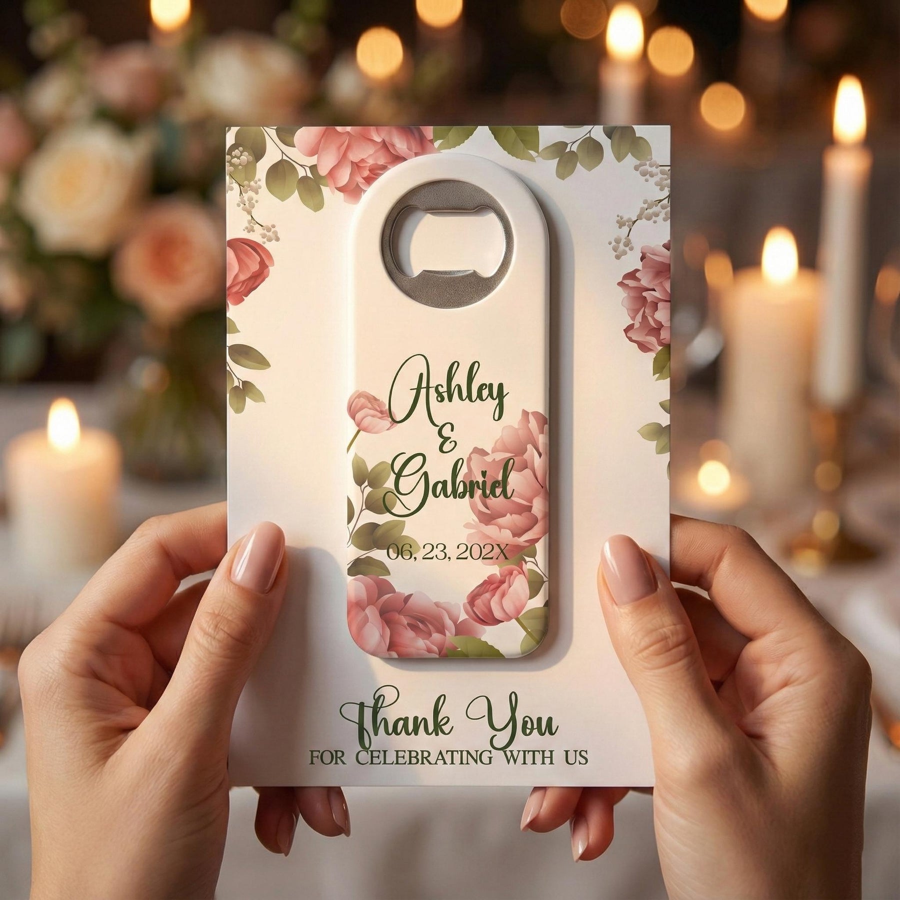 Pink Rose Greenery Bottle Opener Wedding Favors