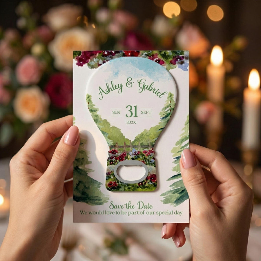 Greenery Hot Air Balloon Save the Date Bottle Opener Magnets