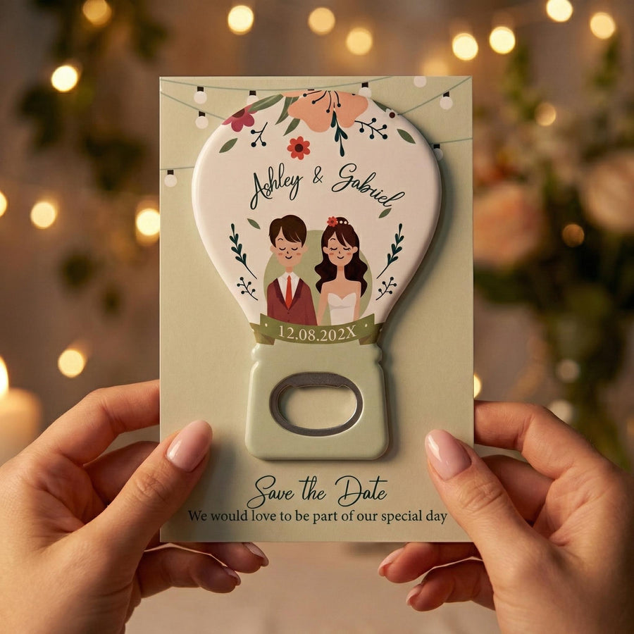 Watercolor Couple Hot Air Balloon Save the Date Bottle Opener Magnets