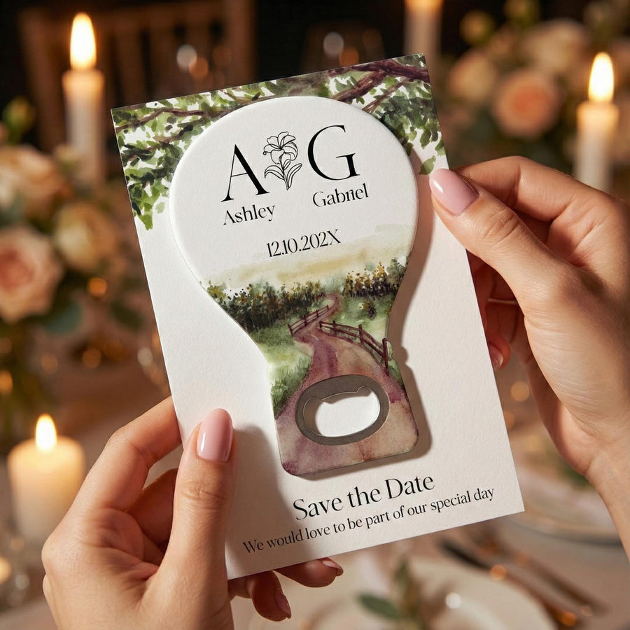 Countryside Watercolor Save the Date Bottle Opener Magnets
