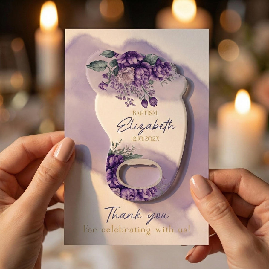 Purple Floral Footprint Baptism Bottle Opener Favors