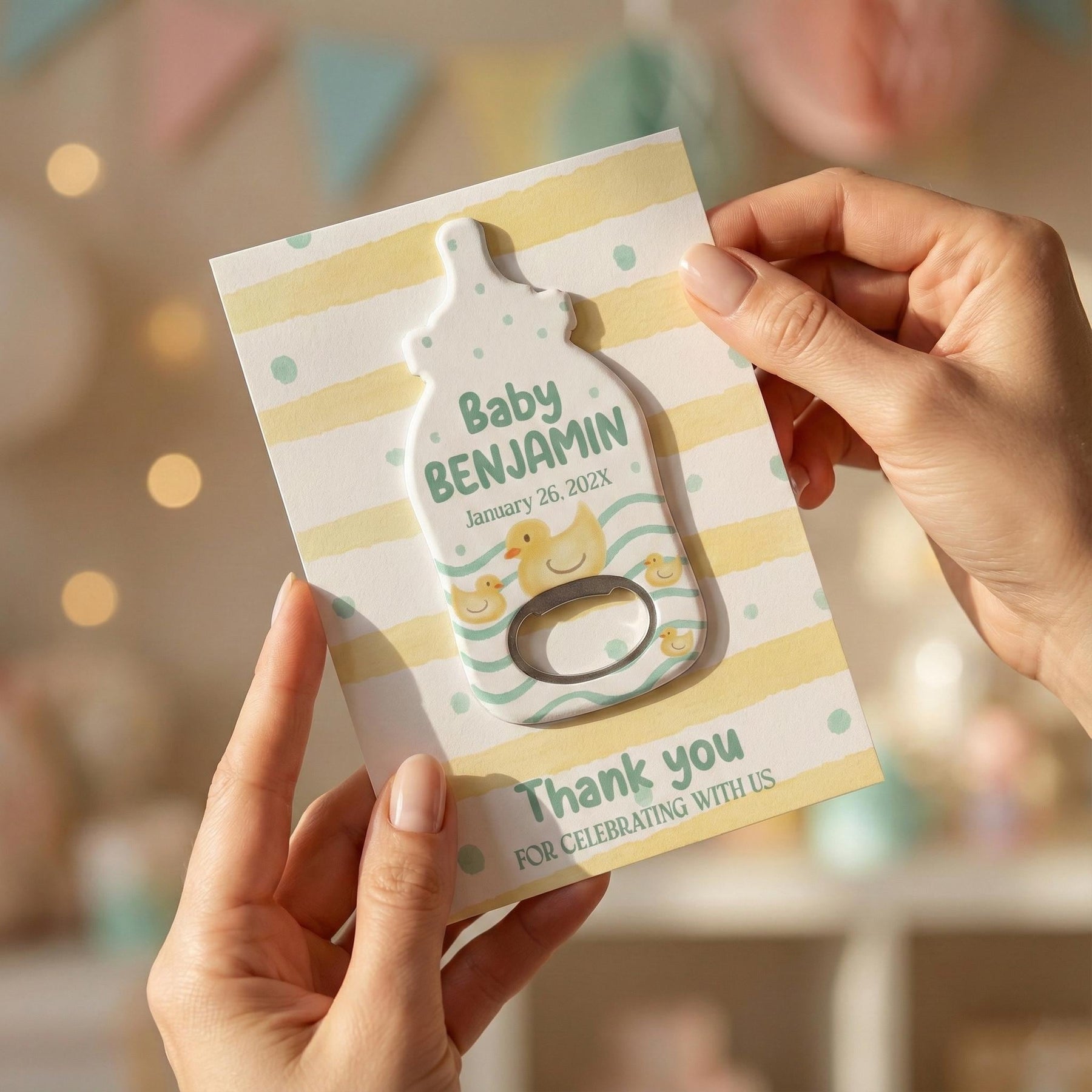 Yellow Stripe Baby Shower Bottle Opener Favors
