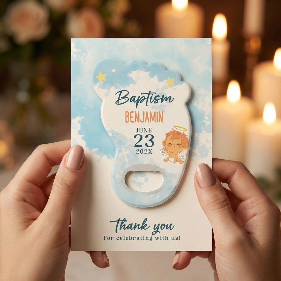 Blue Woodland Footprint Baptism Bottle Opener Favors
