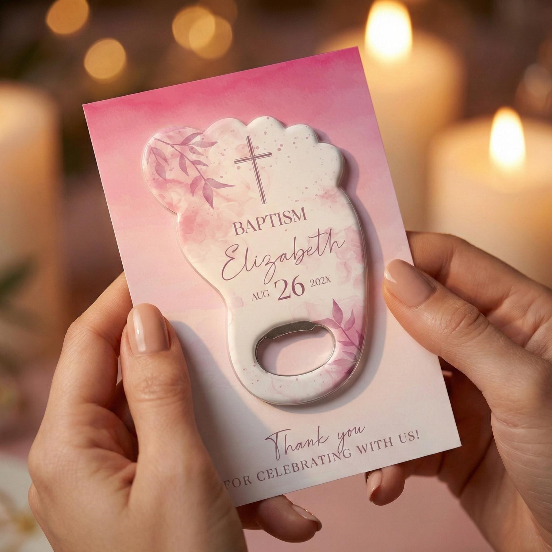 Pink Floral Footprint Baptism Bottle Opener Favors