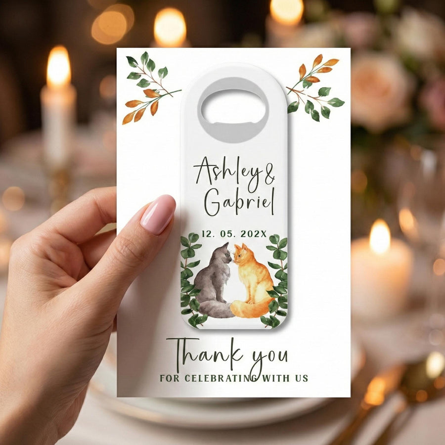 Cats and Greenery Bottle Opener Wedding Favors