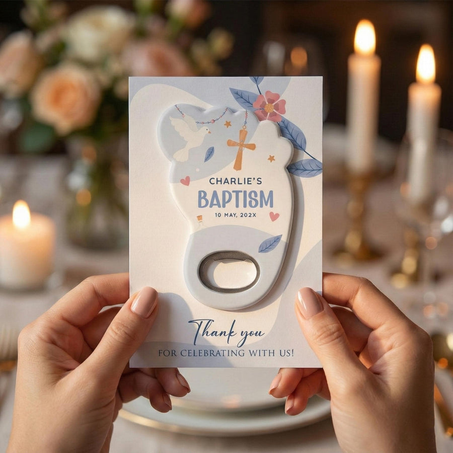 Blue Floral Cross Magnetic Baptism Bottle Opener Favors