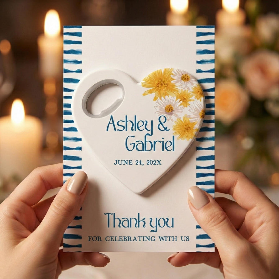 Navy Daisy Heart Bottle Opener Wedding Favors