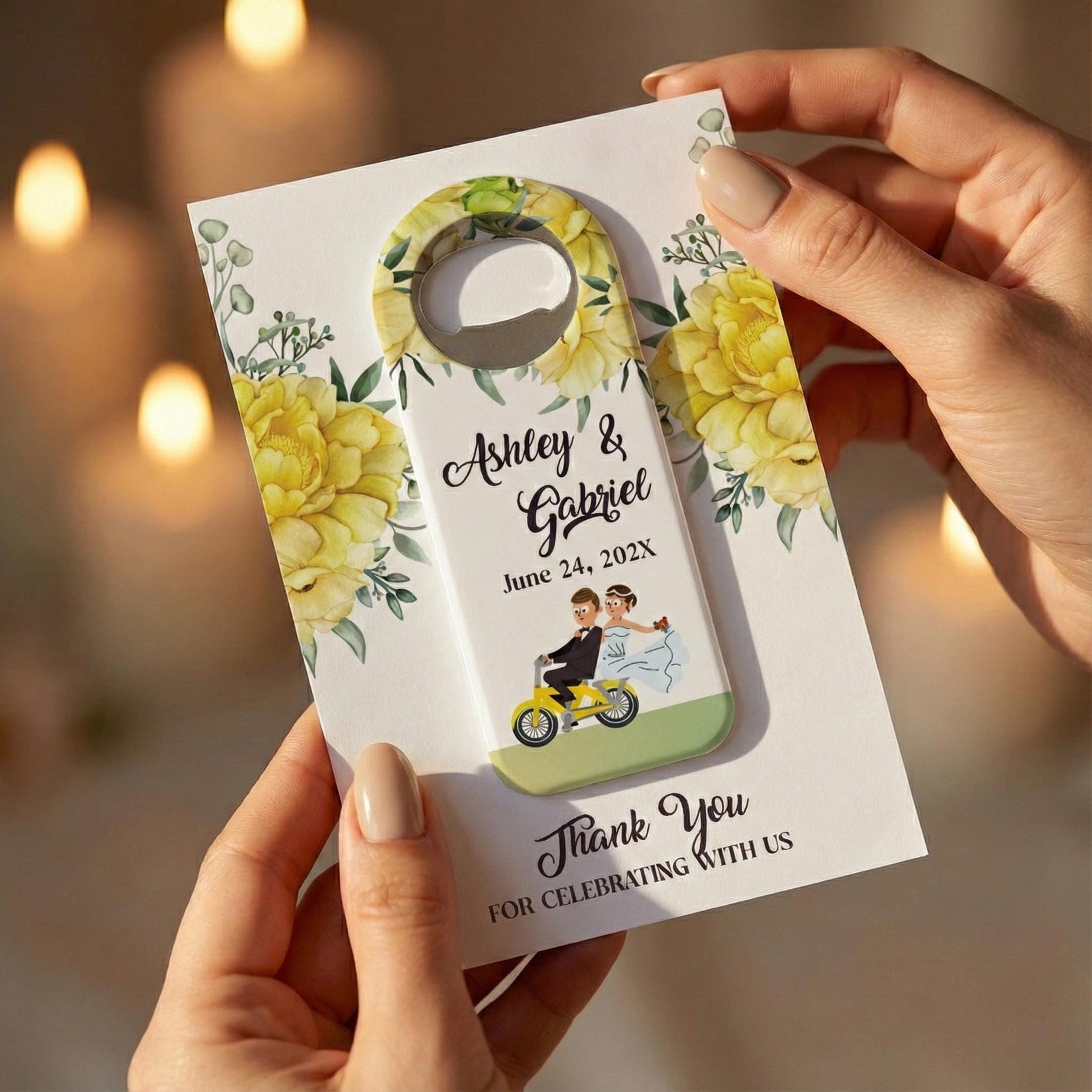 Yellow Floral Couple Bottle Opener Wedding Favors
