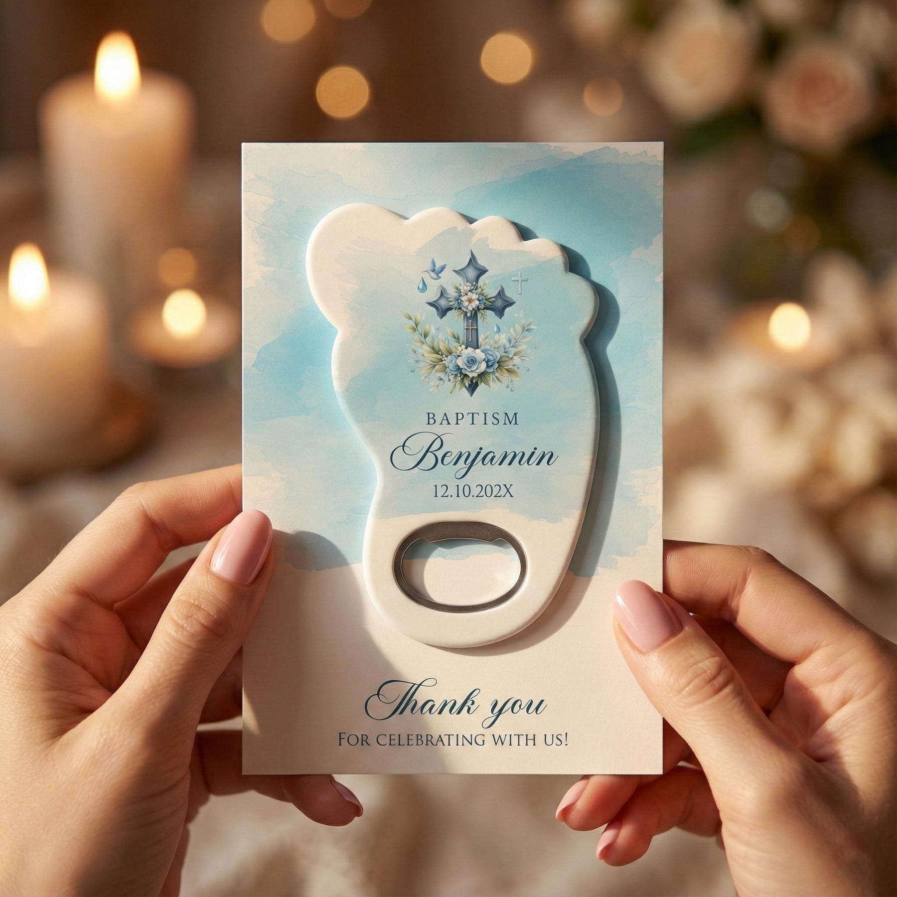 Blue Floral Cross Baptism Bottle Opener Favors