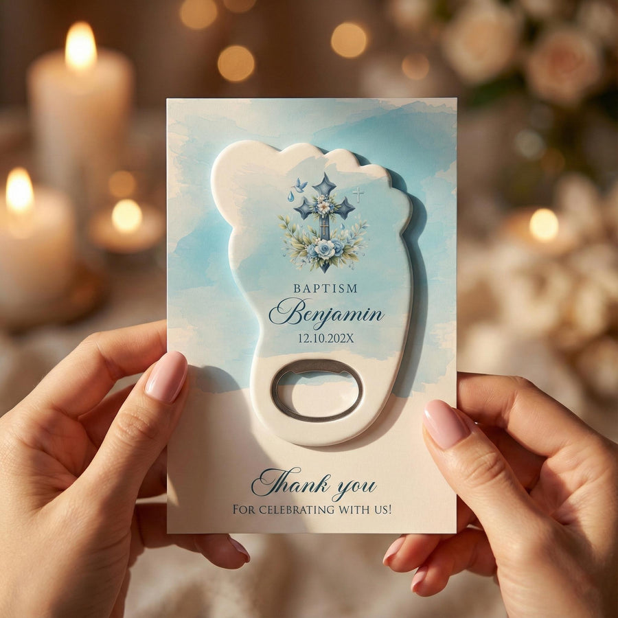 Blue Floral Cross Baptism Bottle Opener Favors