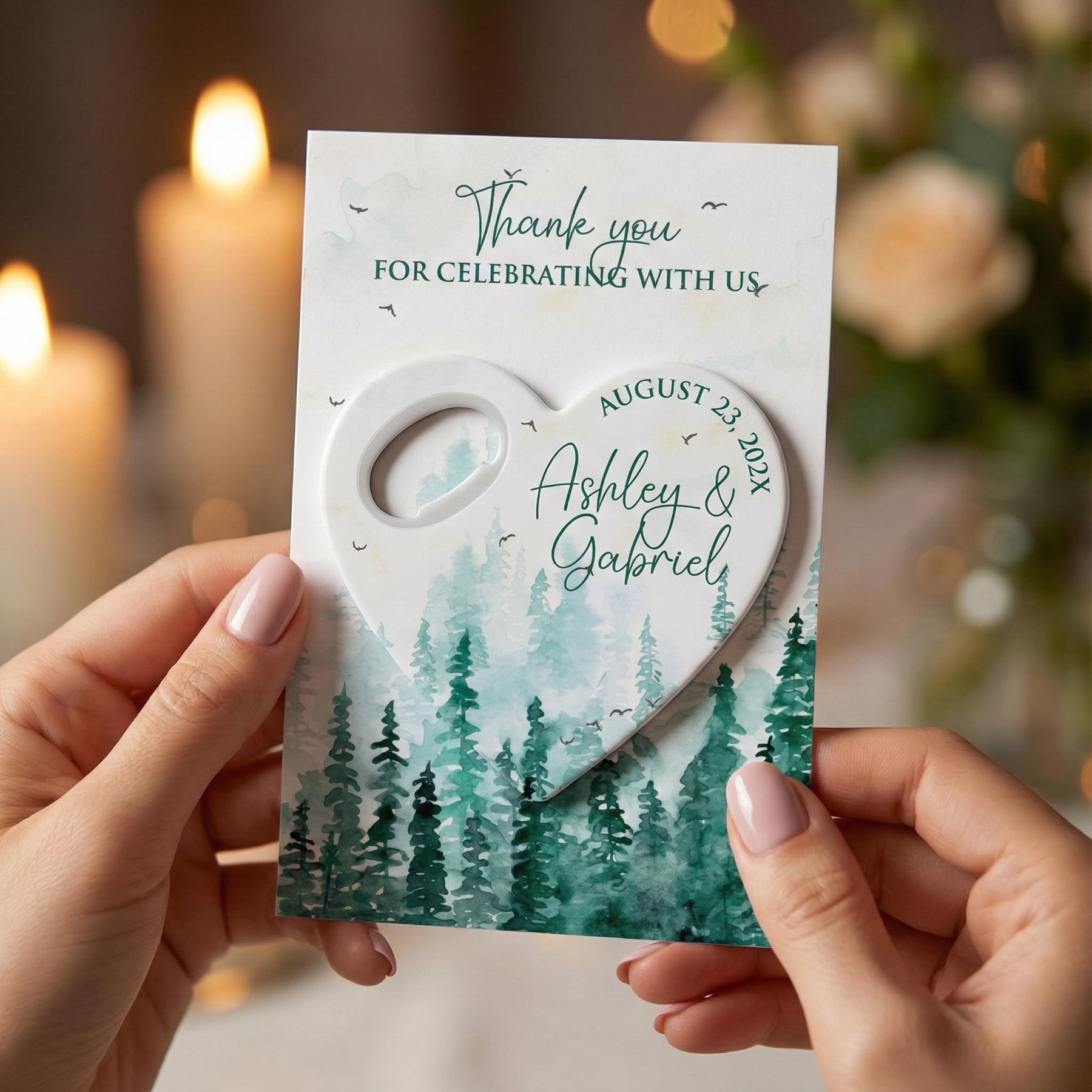 Pine Forest Heart Bottle Opener Wedding Favors
