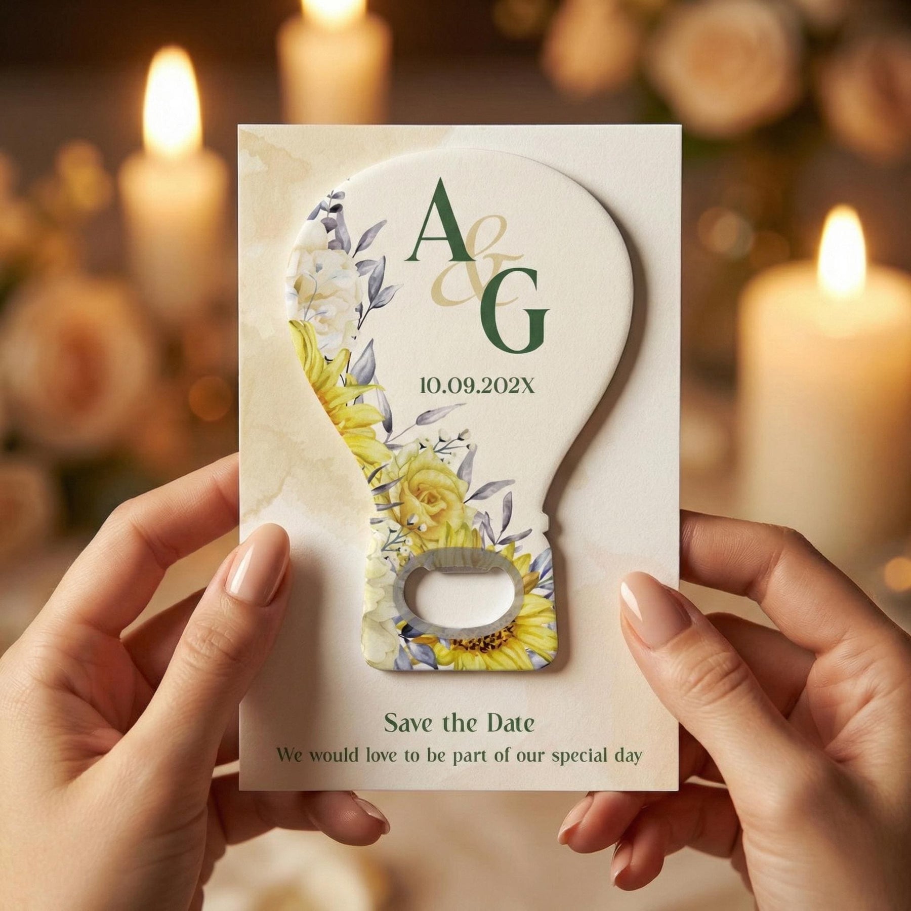 Sunflower Light Bulb Save the Date Bottle Opener Magnets