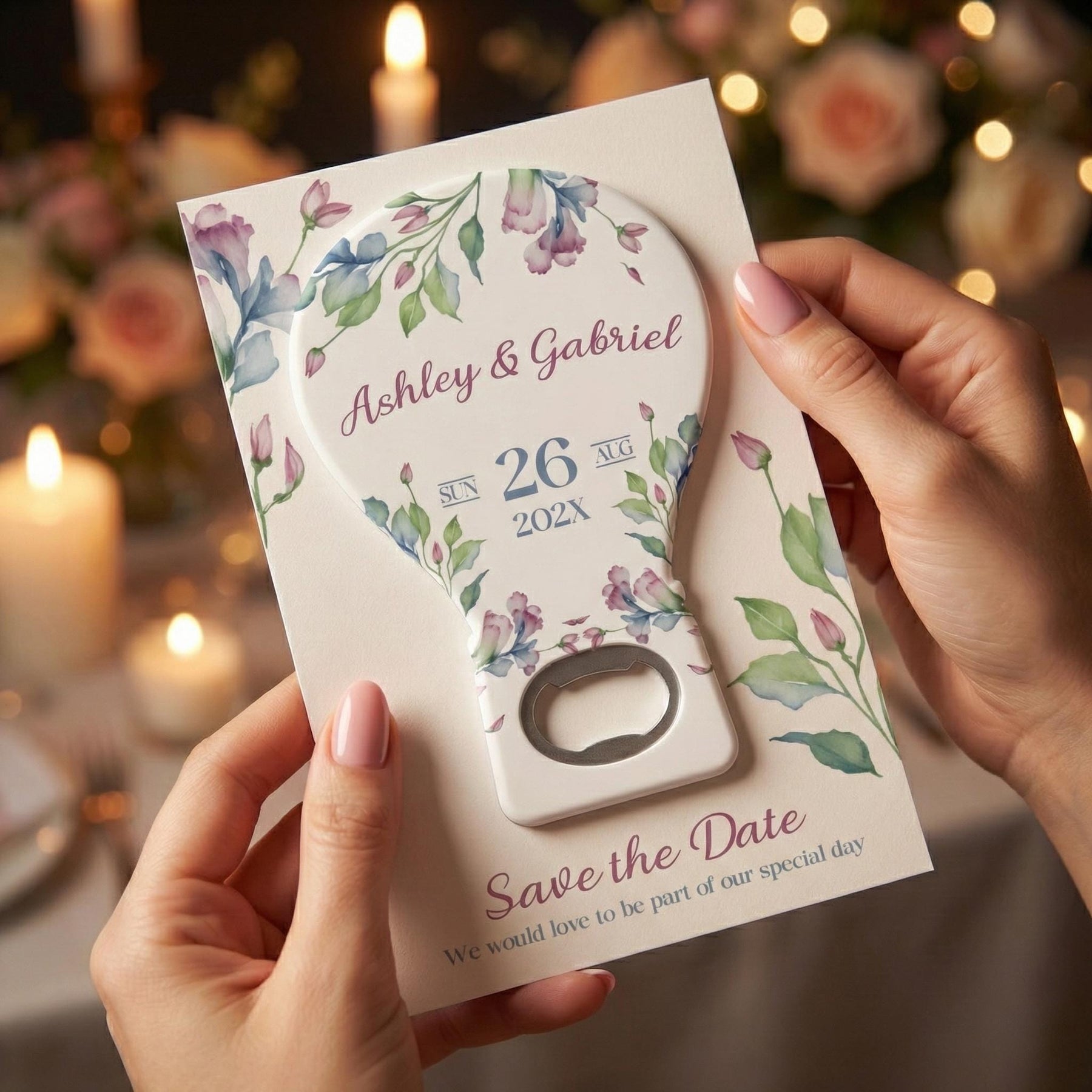 Blue and Purple Floral Save the Date Bottle Opener Magnets