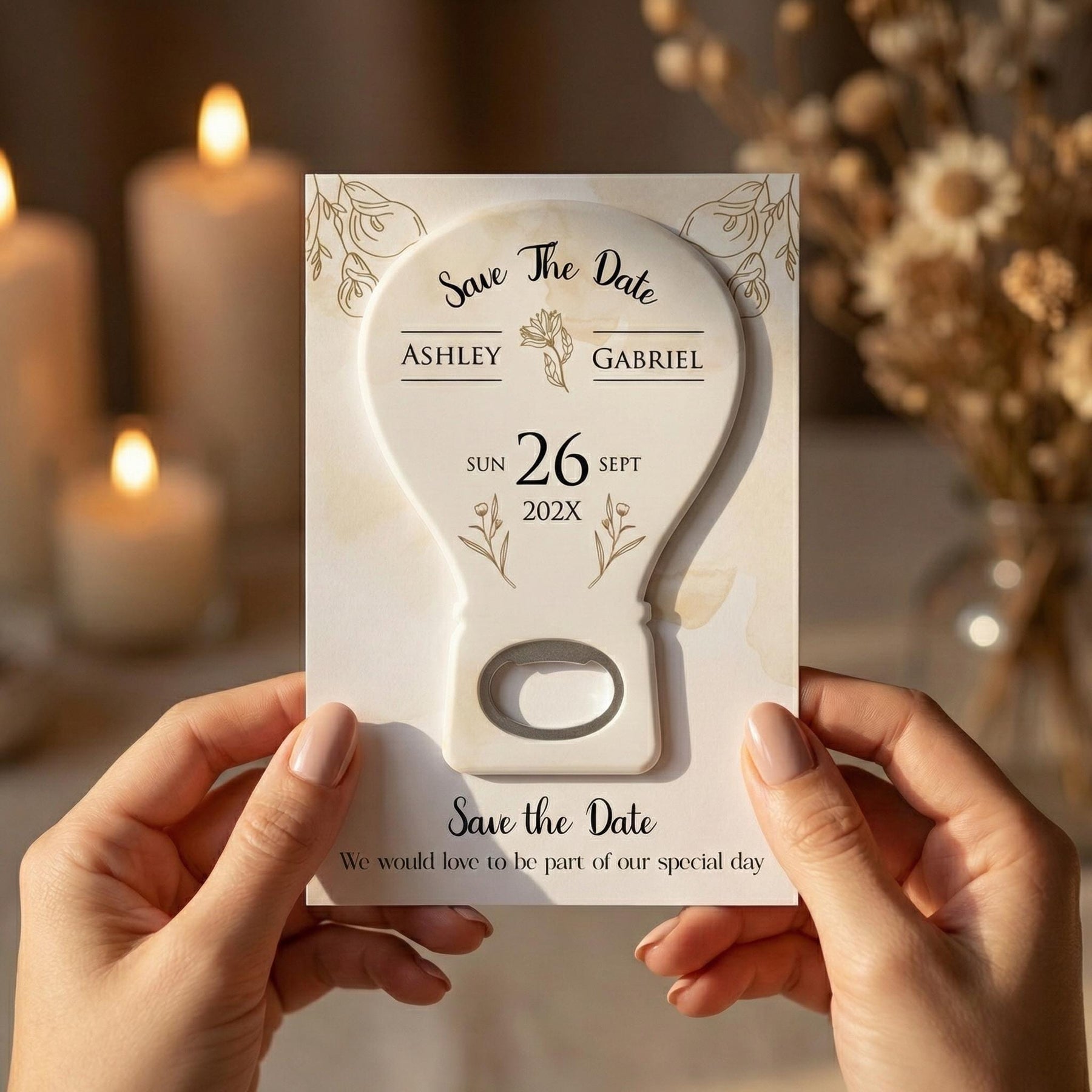 Floral Light Bulb Save the Date Bottle Opener Magnets