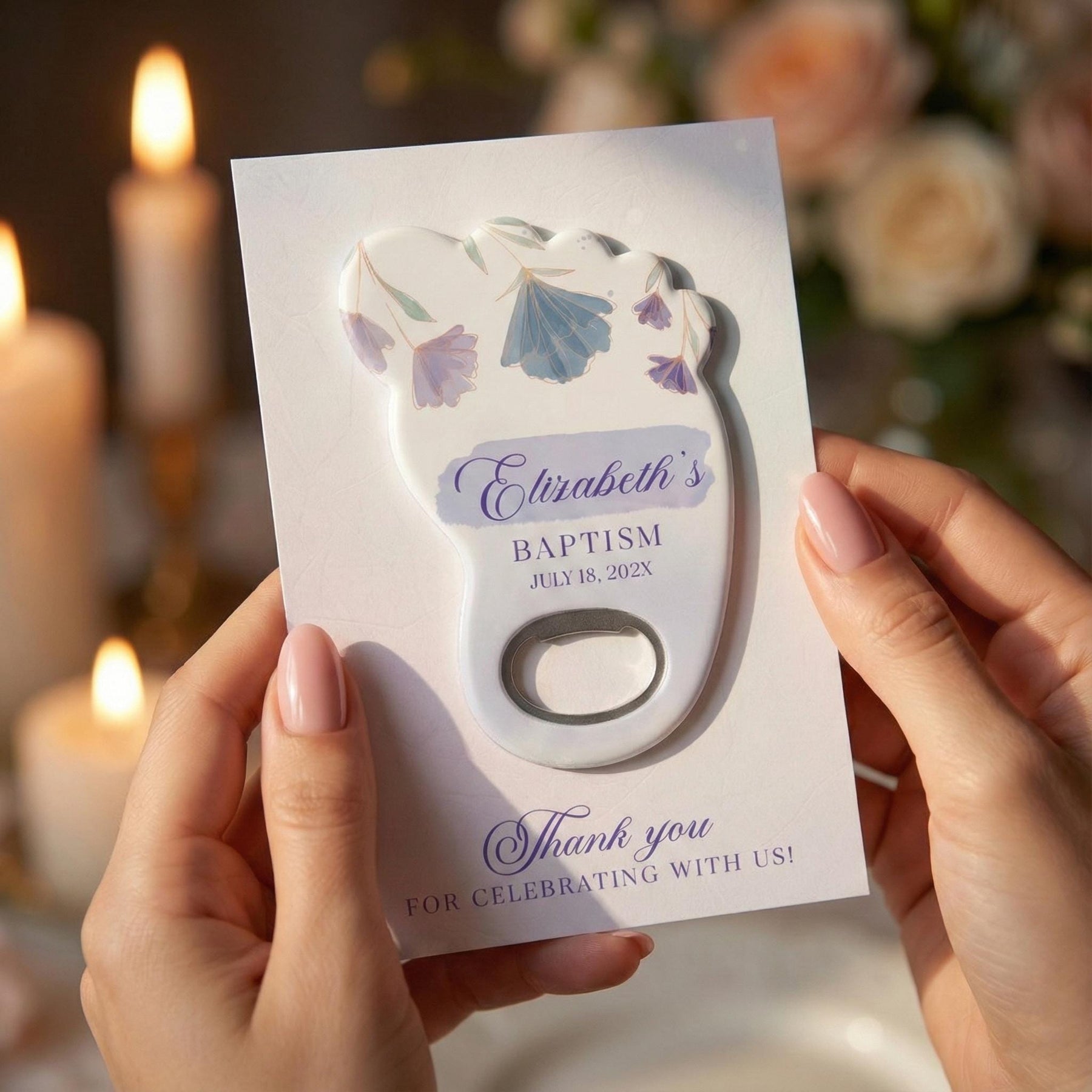 Blue Hydrangea Footprint Baptism Bottle Opener Favors