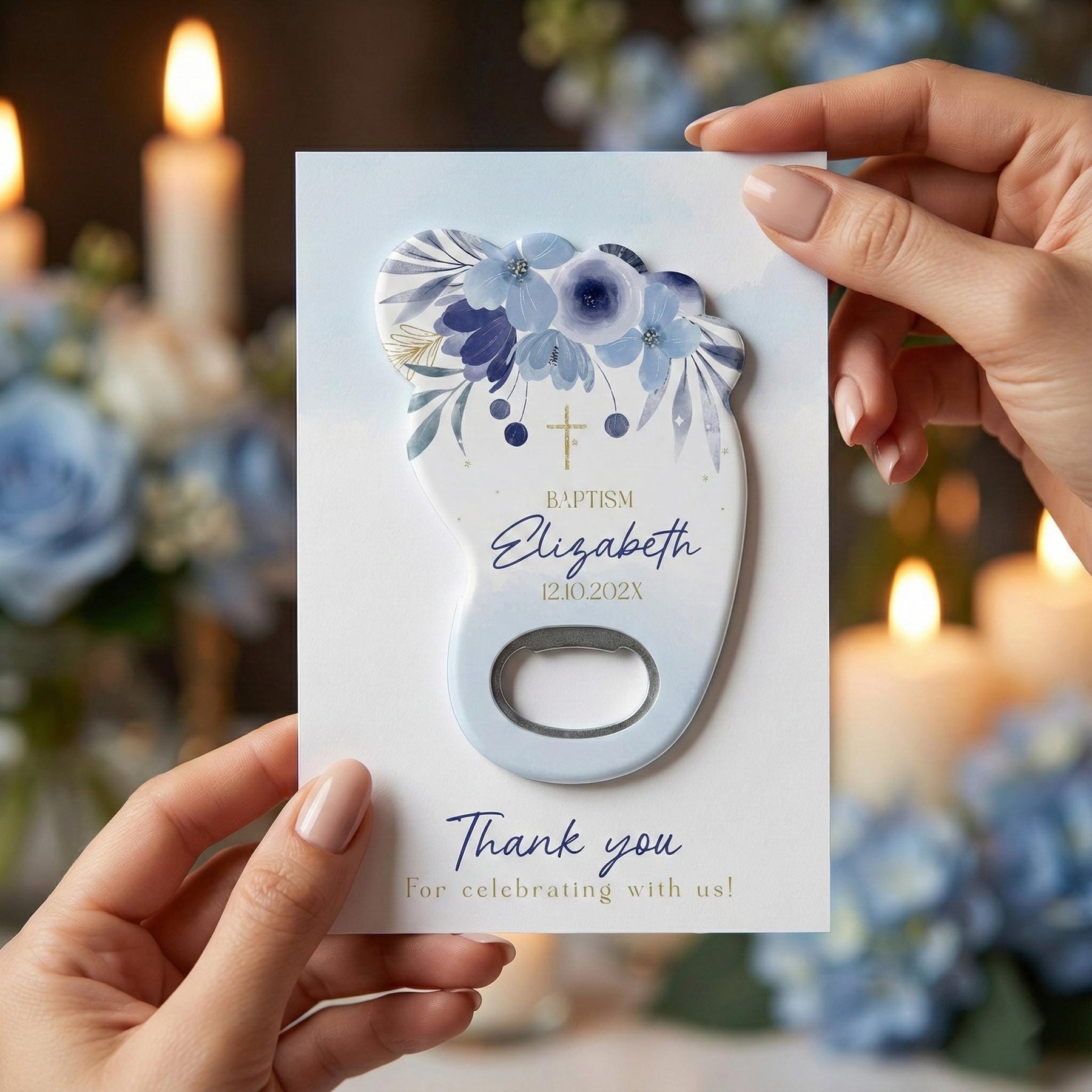Dusty Blue Footprint Baptism Bottle Opener Favors