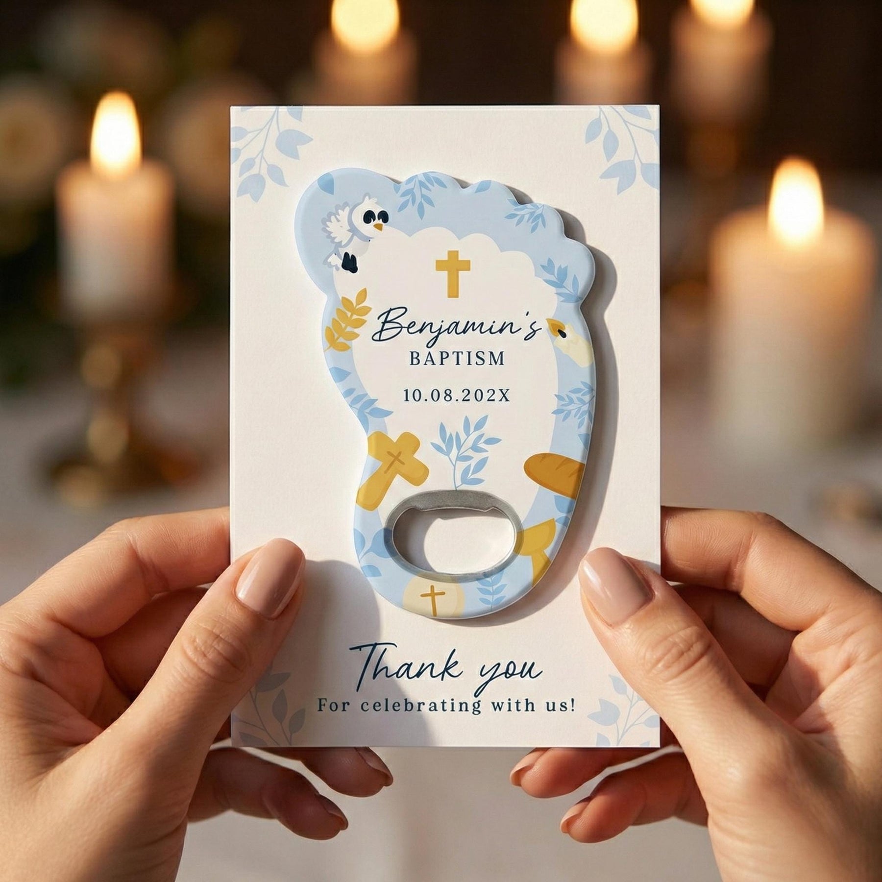 Blue Footprint Baptism Bottle Opener Favors