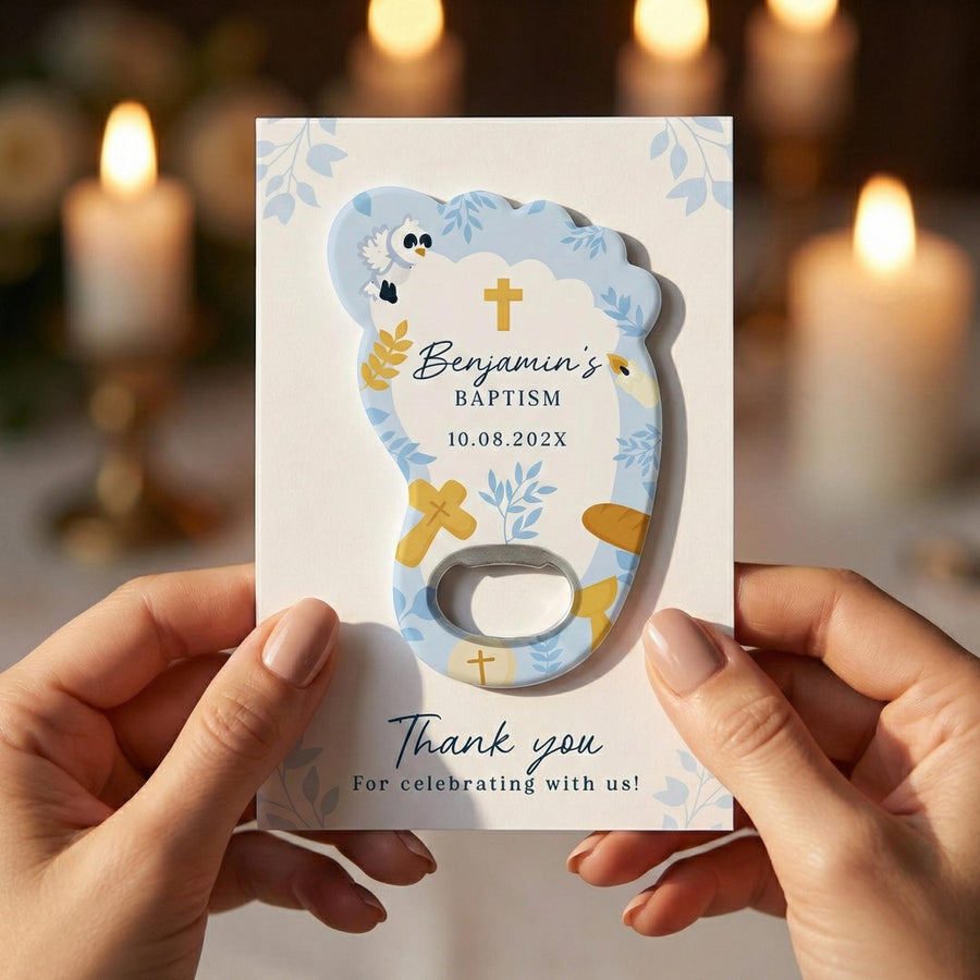 Blue Footprint Baptism Bottle Opener Favors