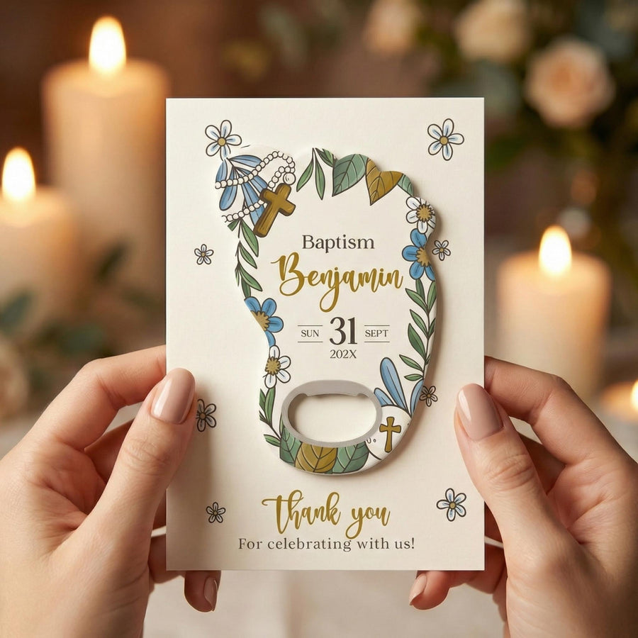 Blue Gray Floral Footprint Baptism Bottle Opener Favors