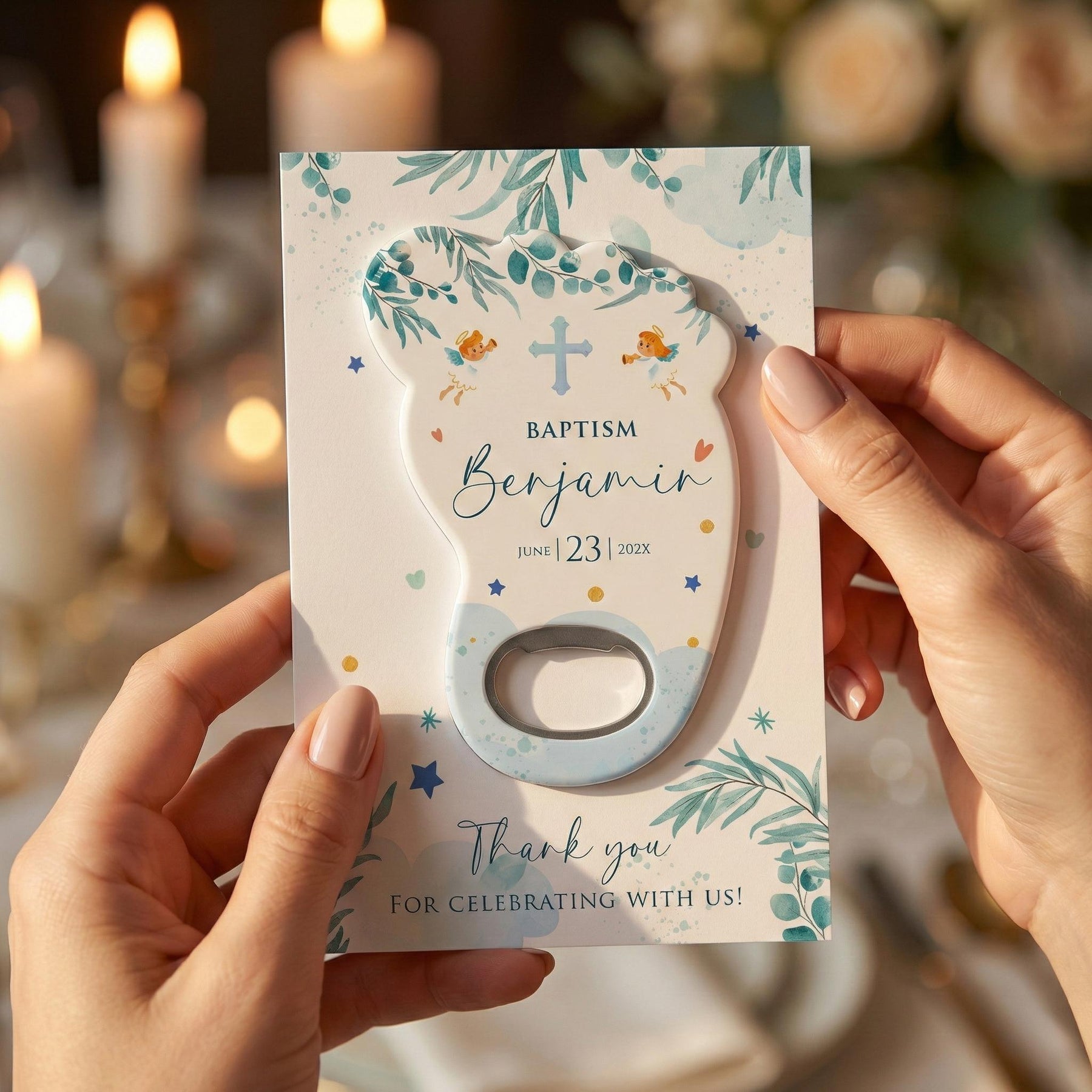 Blue Bear Footprint Baptism Bottle Opener Favors